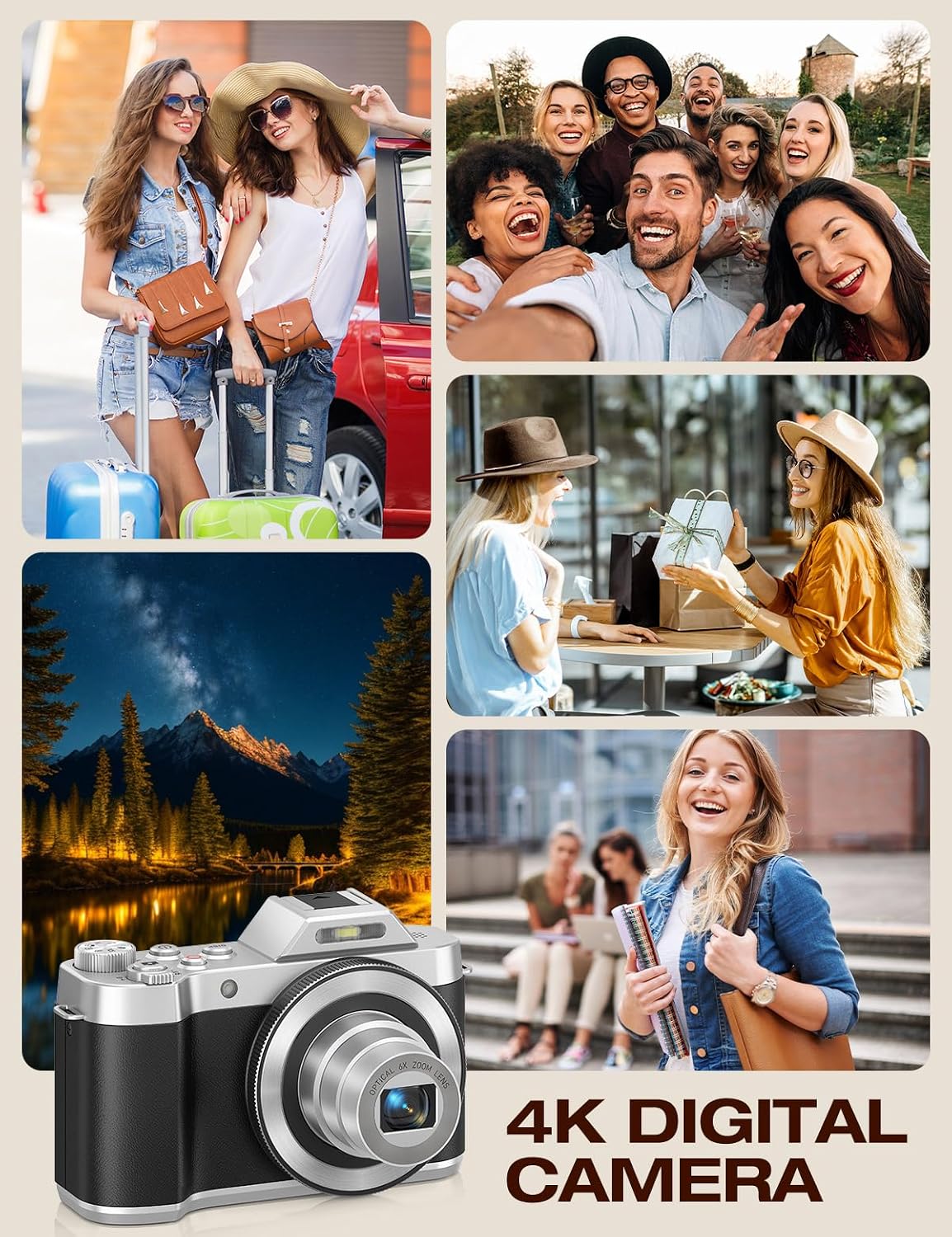 4K Retro Vintage Digital Camera: 64MP Retro 3' IPS Screen Camera with 6X Optical Zoom, WiFi Transfer Autofocus Rechargeable for Travel Vlogging and Gifts