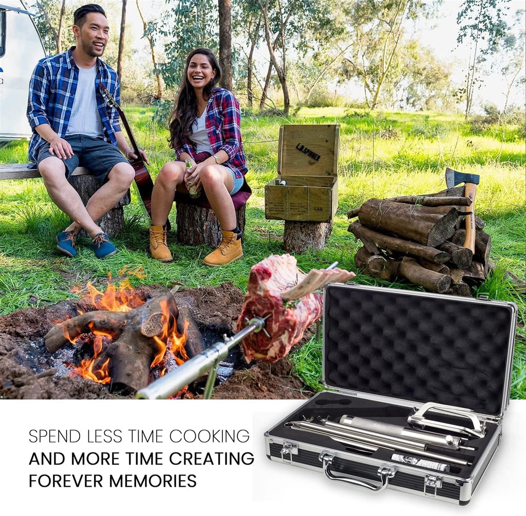 L.B. Spinner Classic Portable Battery Operated BBQ Spinner Rotisserie Grill - Stainless Steel with Carry Case