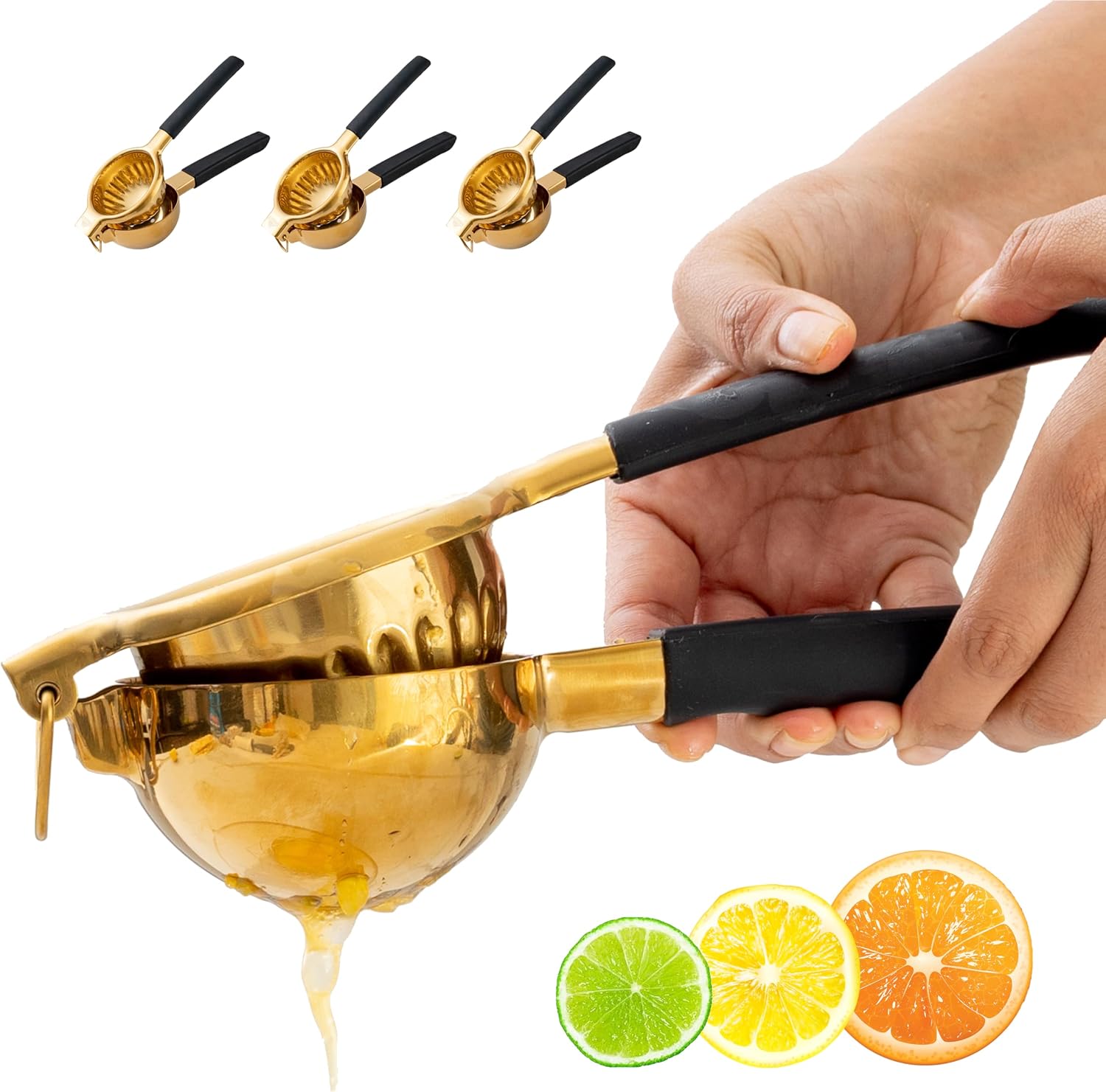 A Bar Above Premium Quality Hand Juicer, for Cocktails, Heavy Duty, Stainless Steel Juicer, Lime, Lemon, and Oranges, Citrus Juicers, for Mixologists and Bars, Fruit Juice Extractor, Gold, 3 Pack