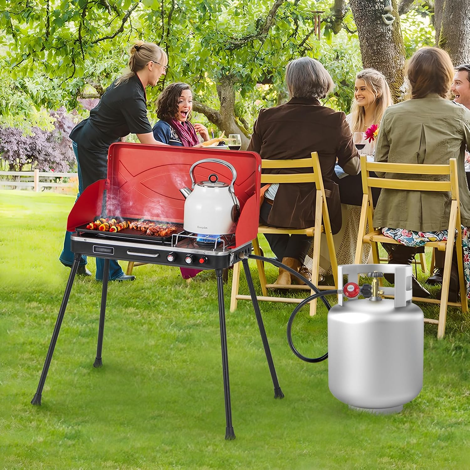 HAPPYGRILL Portable Camping Stove, 2-Burner Propane Grill Cooker with Removable Leg Stand, Roast Grill, Dual Control Knobs, Wind Guards, Outdoor Gas Grill for Camping BBQ Picnic, Red