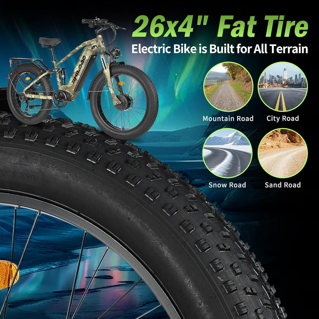5000w Dual Motor Electric Bicycles, 60V Battery E-Bike with 45 MiIe P-Hour Electric Bike for Adults, 26 Fat Tire Hunting Ebike for All Terrain, Full Suspension Electric Ebike