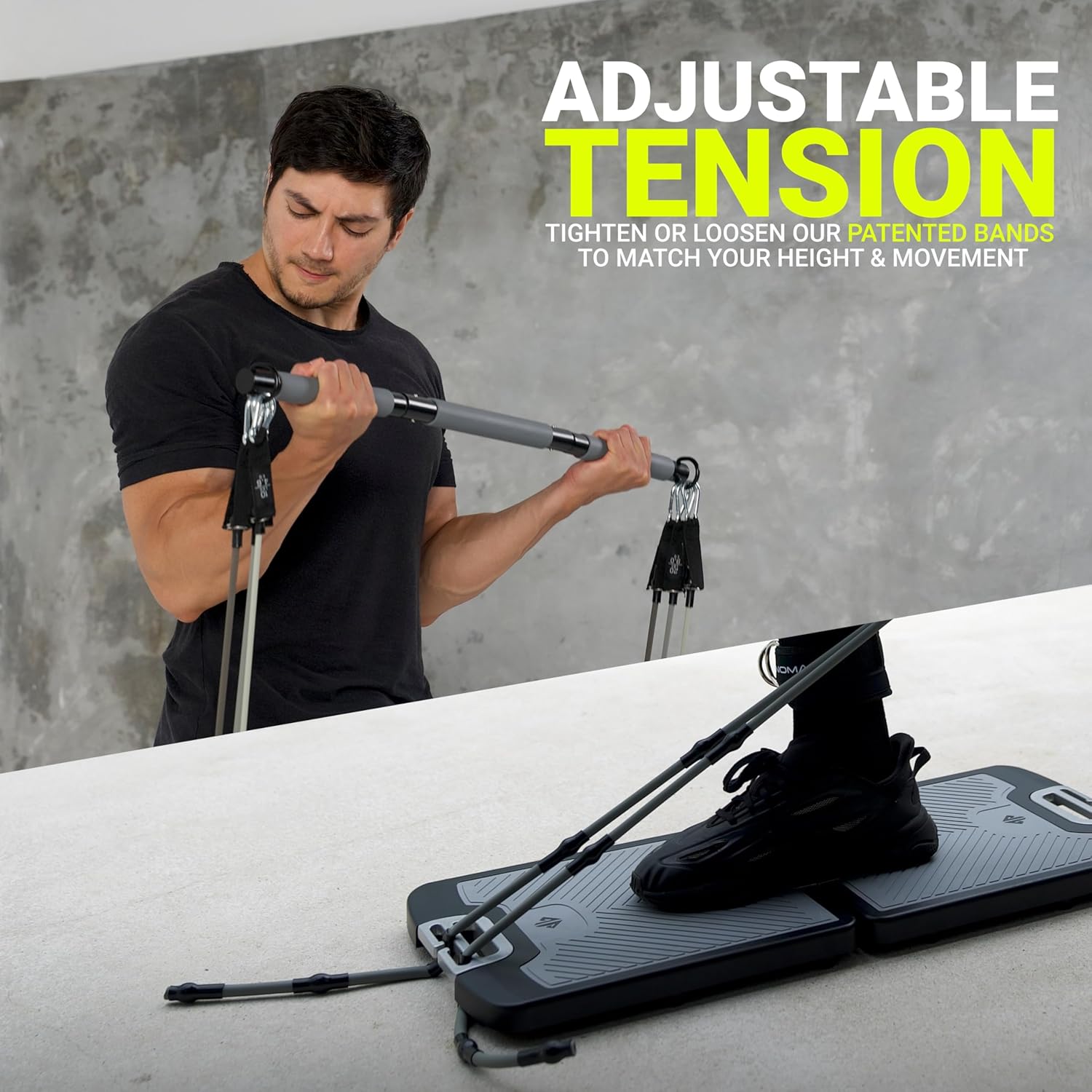 EVO Gym - Portable Home Gym Strength Training Equipment, At Home Gym | All in One Gym - Resistance Bands, Base Holds Gym Bar & Handles for Travel | Portable Gym & Home Exercise Equipment