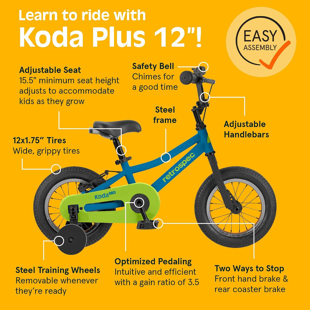 Retrospec Koda Plus Kids Bike for Boys & Girls Ages 2-3 Years - Children's Bicycle, Adjustable Seat & Handlebars, Removable Training Wheels, Front Hand Brakes, Rear Coaster Brake & Safety Bell