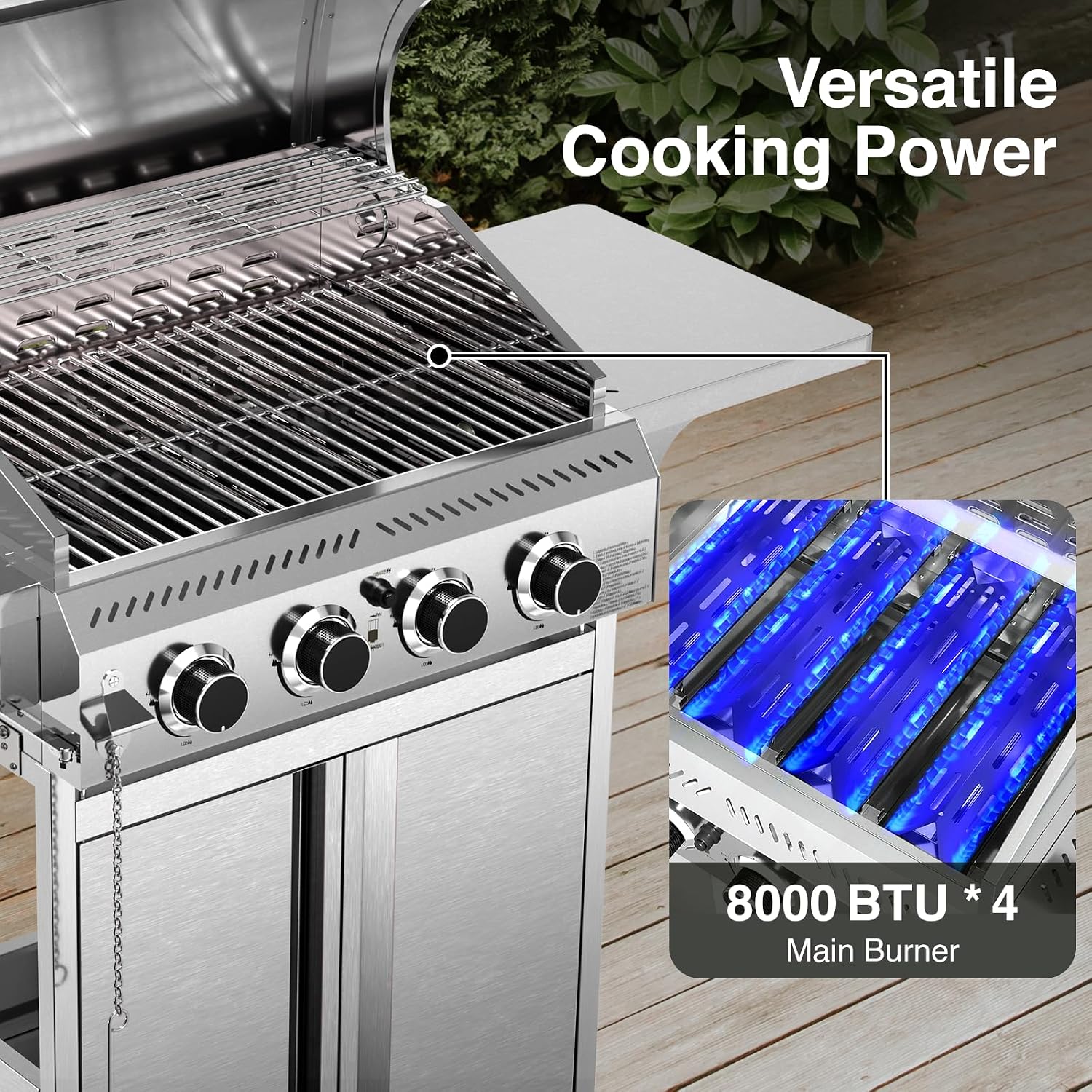 Electactic Propane Gas Grill 4 Burners, 32000 BTU Outdoor Barbecue Grill with Stainless Steel Body & Heavy-Duty 304 Grill Grates, Foldable Side Shelves & Built-in Thermometer, Portable with Wheels