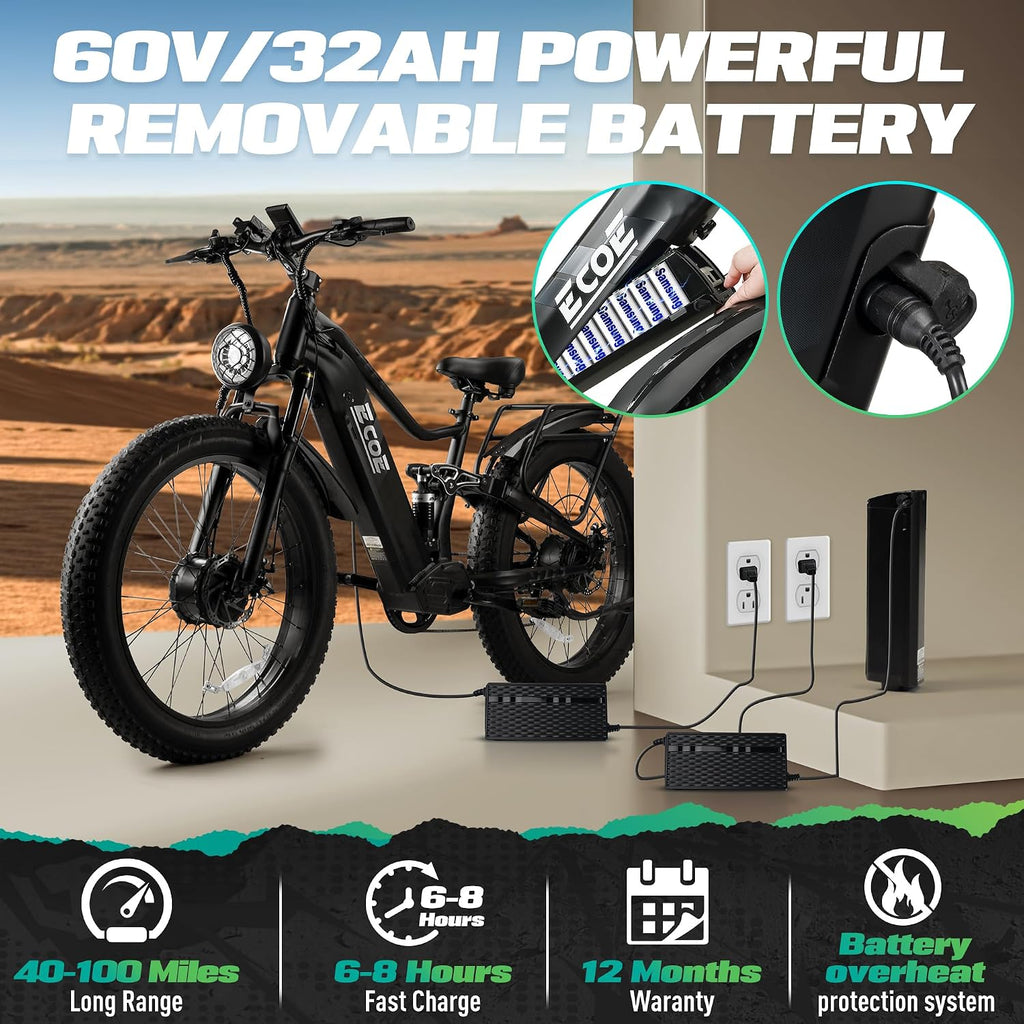 EcoE 7000/9000W Dual Motor Electric Bike for Adults 52MPH Charge Voltage 63 V32A, 26x4 Fat Tire All Terrain Ebikes, Full Suspension E Bike, SHM 7-Speed Gear Electric Bicycle