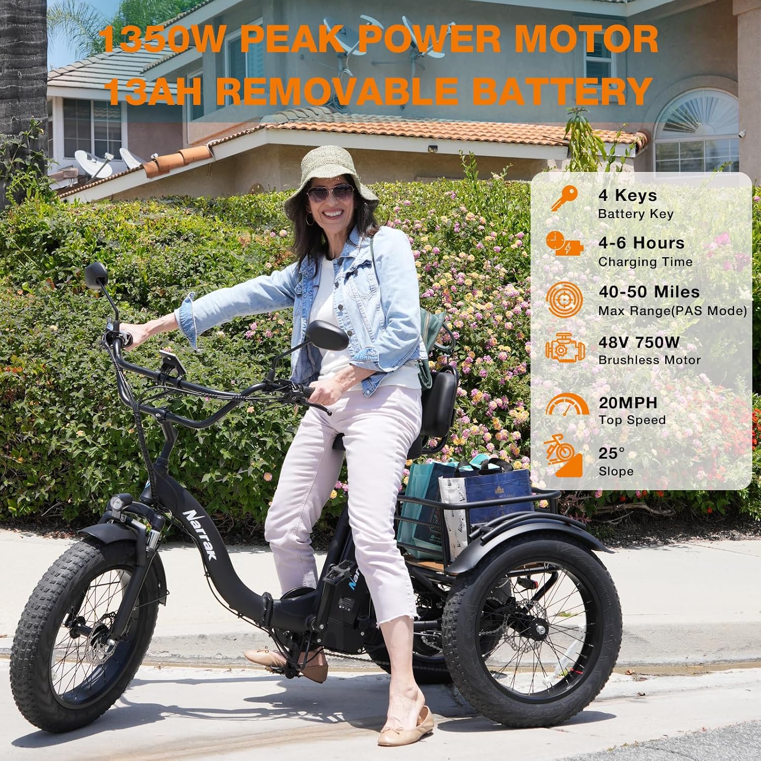 NARRAK Electric Tricycle for Adults,Fat Tire Folding Electric Trike,3 Wheels Electric Bicycle Bikes, Peak 1350W Step-Thru Etrike with Removable Battery and Large Basket for Women Men