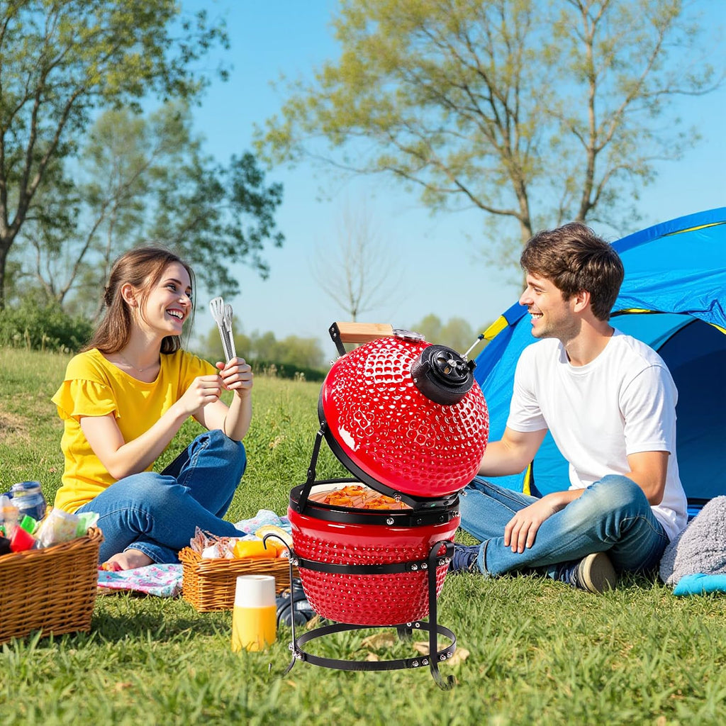 13' Portable Round Ceramic Charcoal Grill,Outdoor Barbecue Smoker,Heavy Duty Outdoor BBQ Grill,Vertical Camping Barbecue Grill,with Built-in Thermometer,for Garden Patio Beach Backyard (Red)