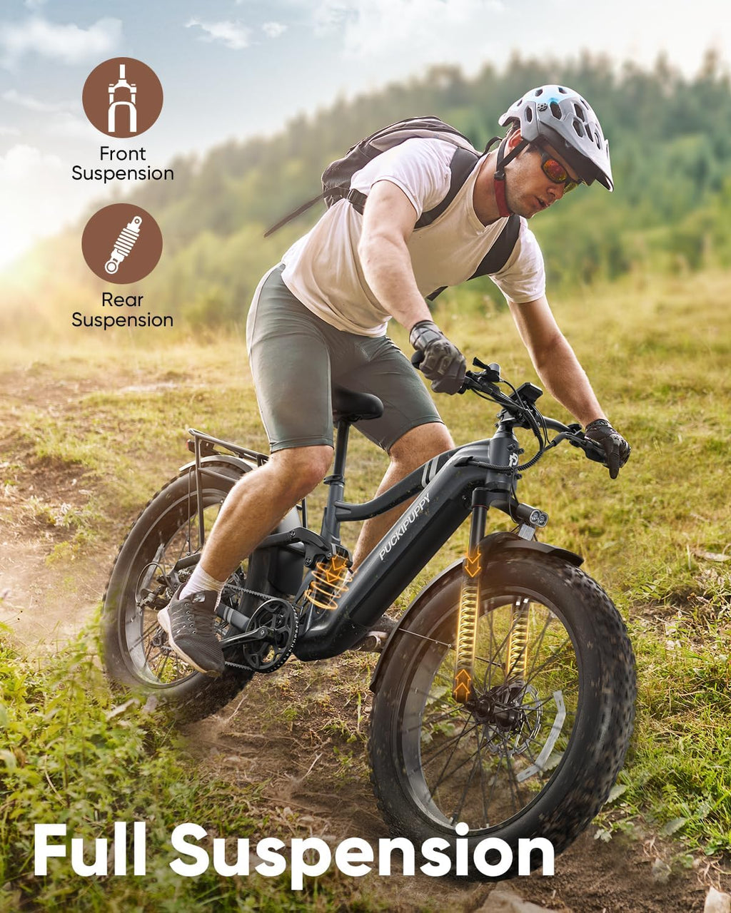 PUCKIPUPPY Boxer Electric Bike for Adults 960W, 48V 20AH Battery Ebike, Full Suspension 26' Fat Tire E Bike, 28MPH 80Miles Range Mountain Electric Bicycle, 7 Speed Hydraulic Disc Brakes