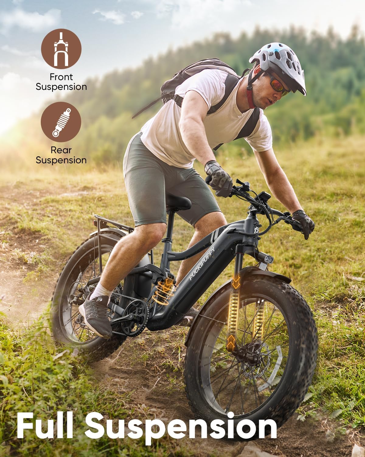 PUCKIPUPPY Boxer Electric Bike for Adults 960W, 48V 20AH Battery Ebike, Full Suspension 26' Fat Tire E Bike, 28MPH 80Miles Range Mountain Electric Bicycle, 7 Speed Hydraulic Disc Brakes