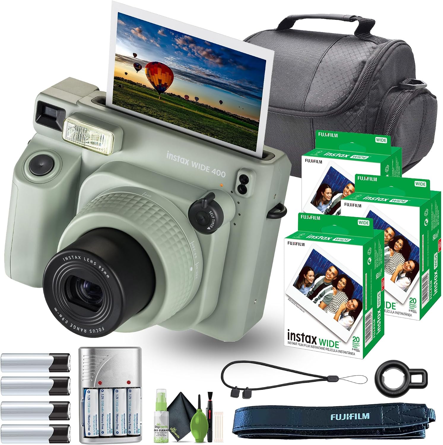 Fujifilm Instax Wide 400 Instant Film Camera Bundle with Fuji Instax Wide Instant Film Color Print (60 Sheets) + Travel Bag + Rechargeable Batteries with Charger and Lens Cleaning Kit