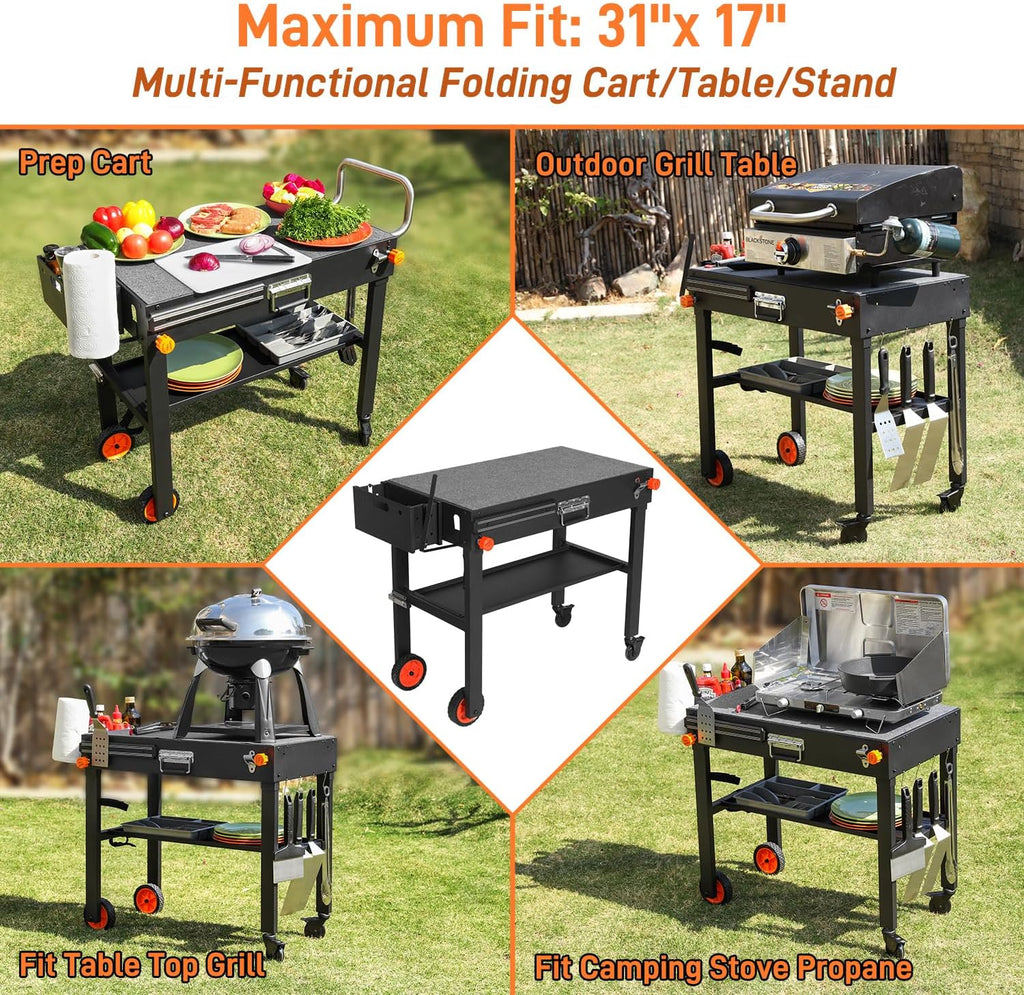 Outdoor Portable Grill Table Stand - Folding Prep Stand for 17' or 22' Blackstone Griddle, Large Space Blackstone Table with Wheels, Pizza Oven Cart for Ninja, Patio Grilling Backyard BBQ Grill Cart.