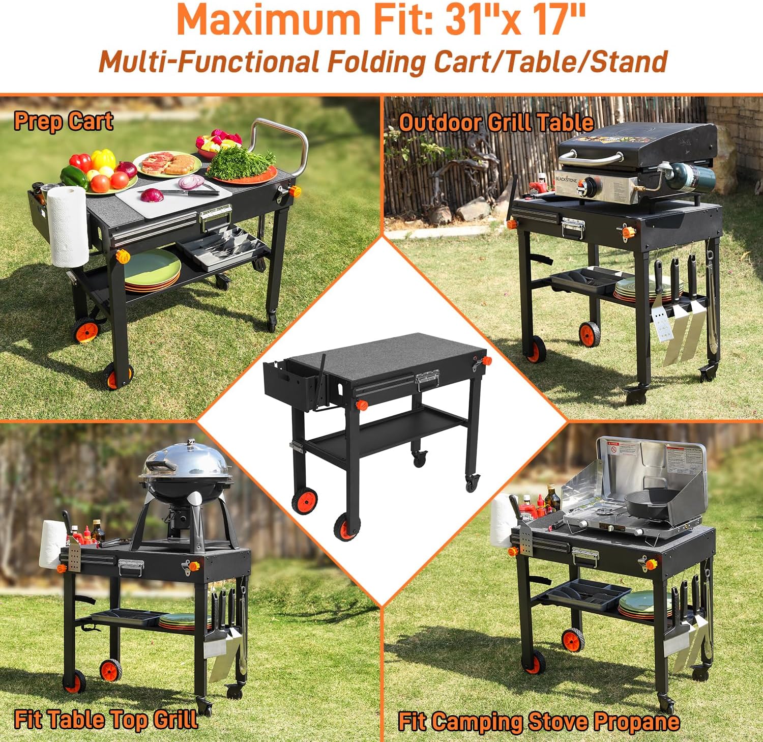 Outdoor Portable Grill Table Stand - Folding Prep Stand for 17' or 22' Blackstone Griddle, Large Space Blackstone Table with Wheels, Pizza Oven Cart for Ninja, Patio Grilling Backyard BBQ Grill Cart.