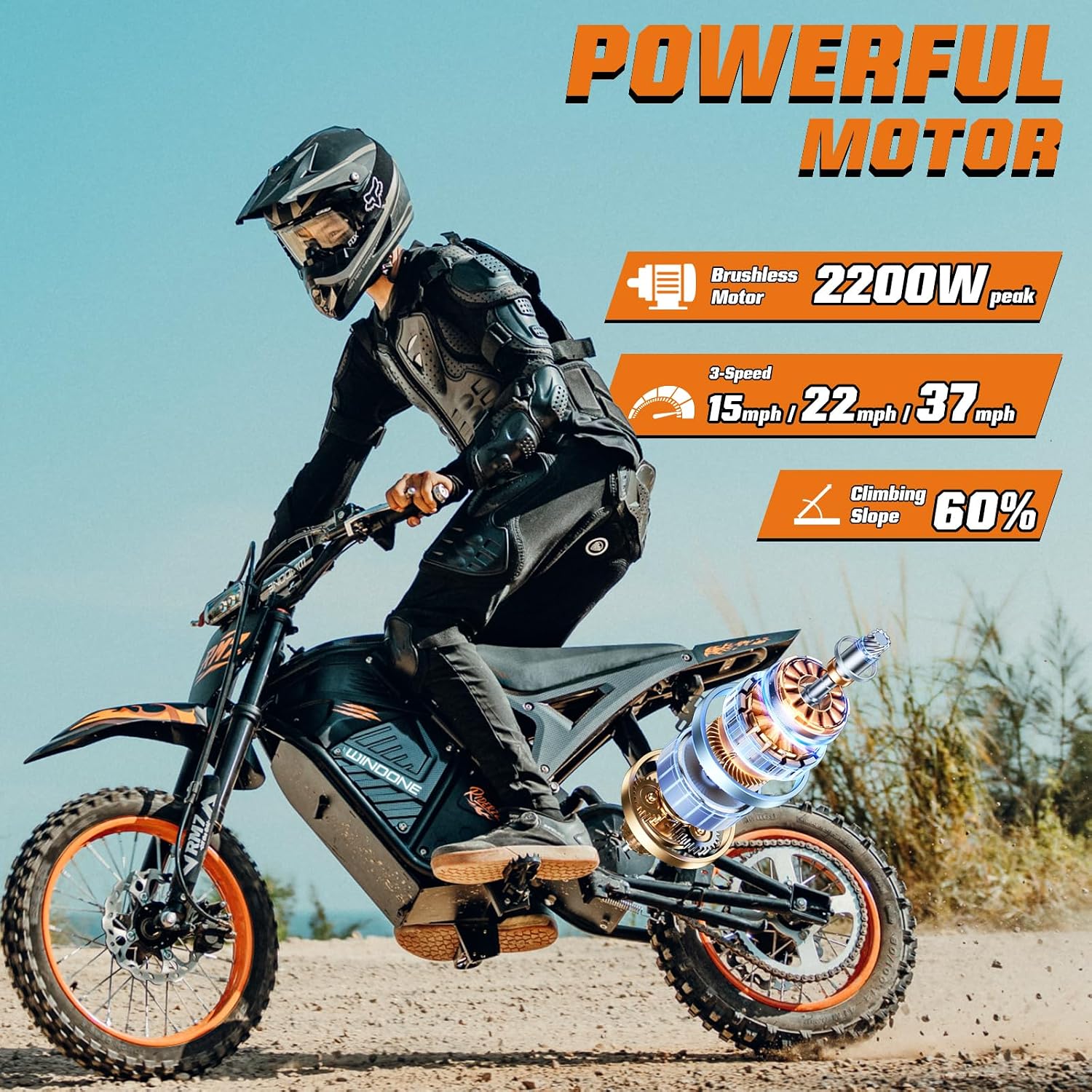 Windone RM7 Electric Dirt Bike, 48V 22.5Ah Up to 37MPH & 45-Mile Electric Motorcycle, 2200W Ebike, 14'/12' Off-Road Tire E-Bike, Dual Hydraulic Brakes, Full Suspension, Black & Orange