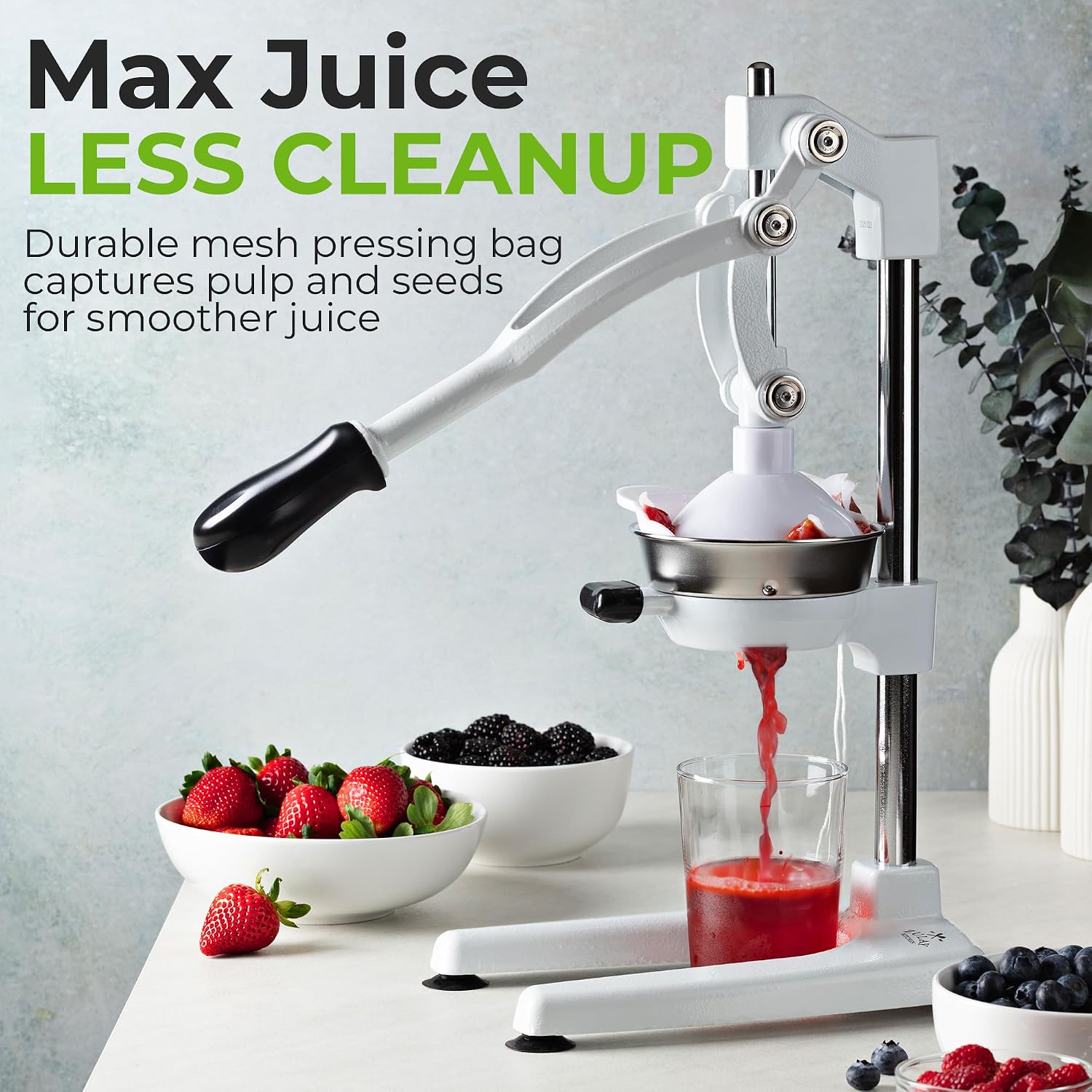 Zulay Kitchen Pulperizer 9 in 1 Cast Iron Juicer - Easy-to-Clean Heavy-Duty Manual Juicer with Presser Attachment to Juice All Types of Fruits! Extra Tall with Stainless Steel Bowl - White