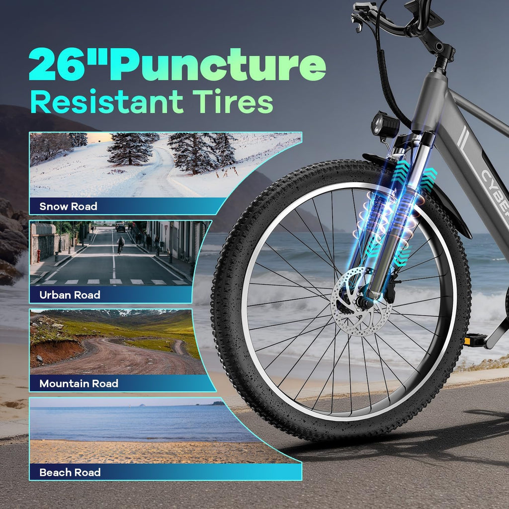 Cybervelo 750W Peak Electric Bike for Adults,up 80 Miles Removable Battery Ebike, 26' Electric E Bike with 7-Speed,Adult Electric Bicycles for Commute Beach Snow Womens/Man All Terrain