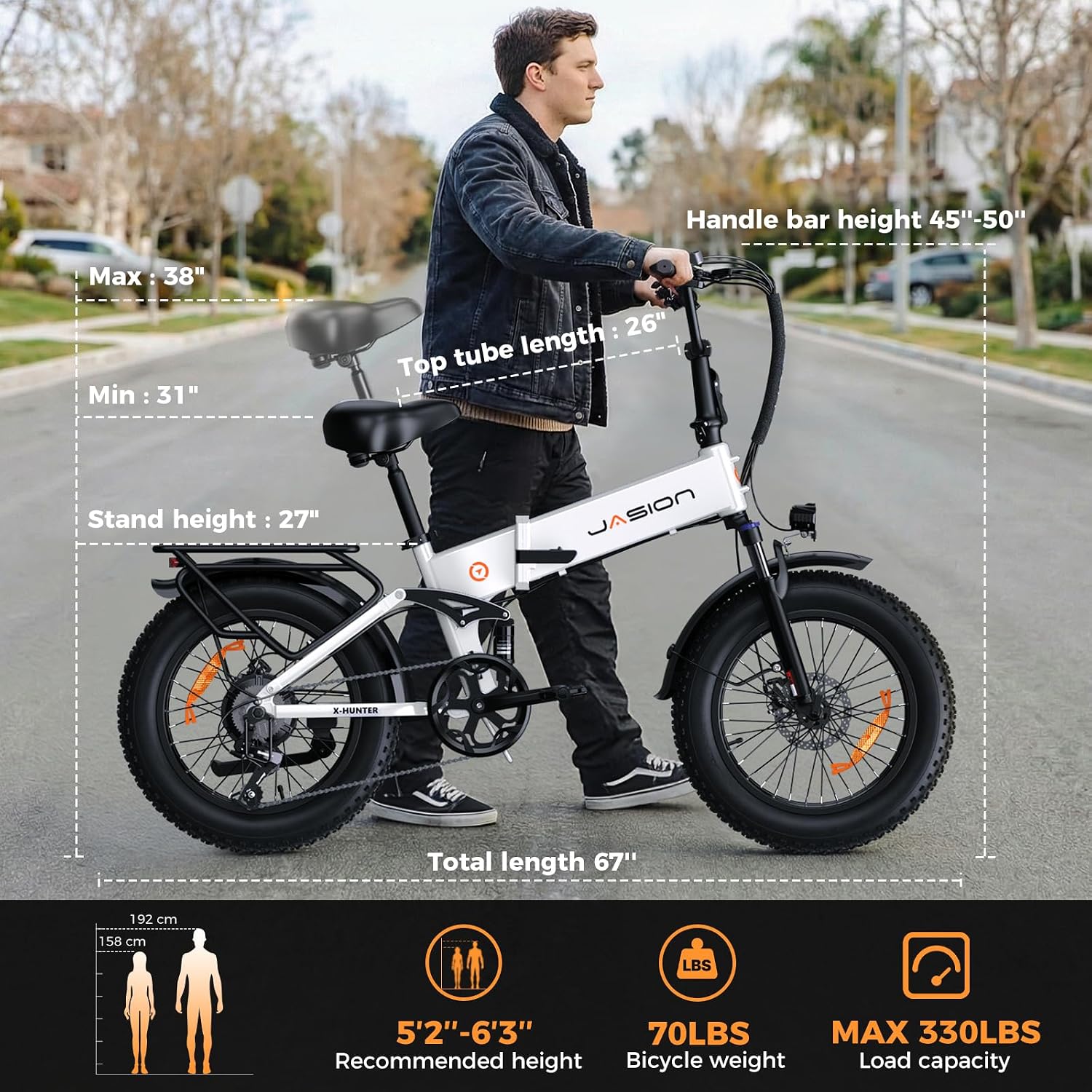 Jasion X Hunter/PRO Electric Bike for Adults,1800W/1400W Peak 20''Fat Tire Foldable Ebike,Folding E Bike Up to 80/70 Miles Range,720/624WH Removable Battery,30 MPH E Bike,Certified by UL2849