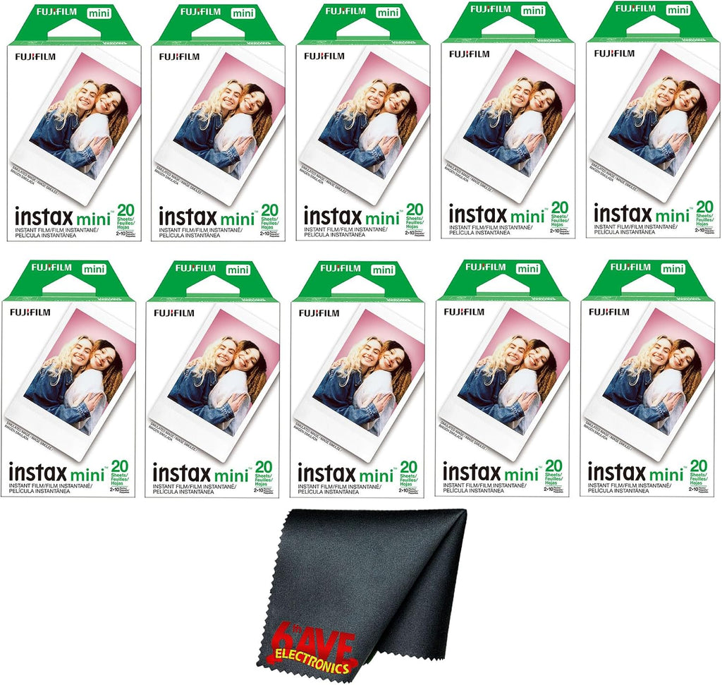 Fujifilm Instax Mini Instant Camera Film (200 Photo Exposure) Bundle with 6AVE Microfiber Cleaning Cloth