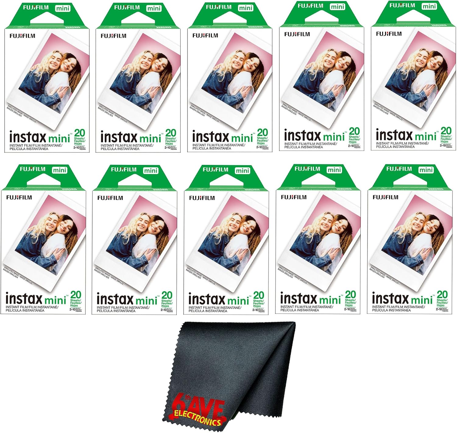 Fujifilm Instax Mini Instant Camera Film (200 Photo Exposure) Bundle with 6AVE Microfiber Cleaning Cloth