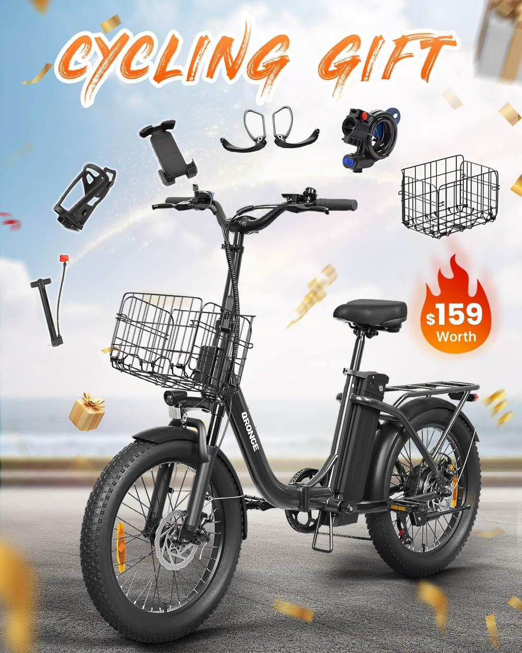 QRONGE Electric Bike, 1000W Peak Folding Electric Bike, 486Wh 70 Miles Range Ebike, 20' Step-Thru Bicycle with Front Basket, Waterproof Removable Battery, 7 Speed, 25 MPH Max