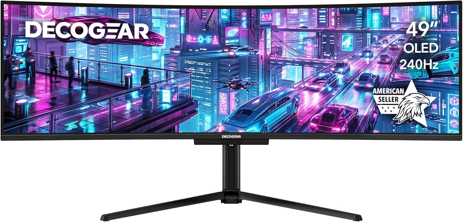 Deco Gear 49' QD-OLED 240Hz Curved Ultrawide Gaming Monitor - 5120×1440 DQHD, 32:9 Dual-QHD Display, 0.03 ms Response, HDR400 True Black, 90W USB-C, KVM, Adaptive Sync, RGB Lighting