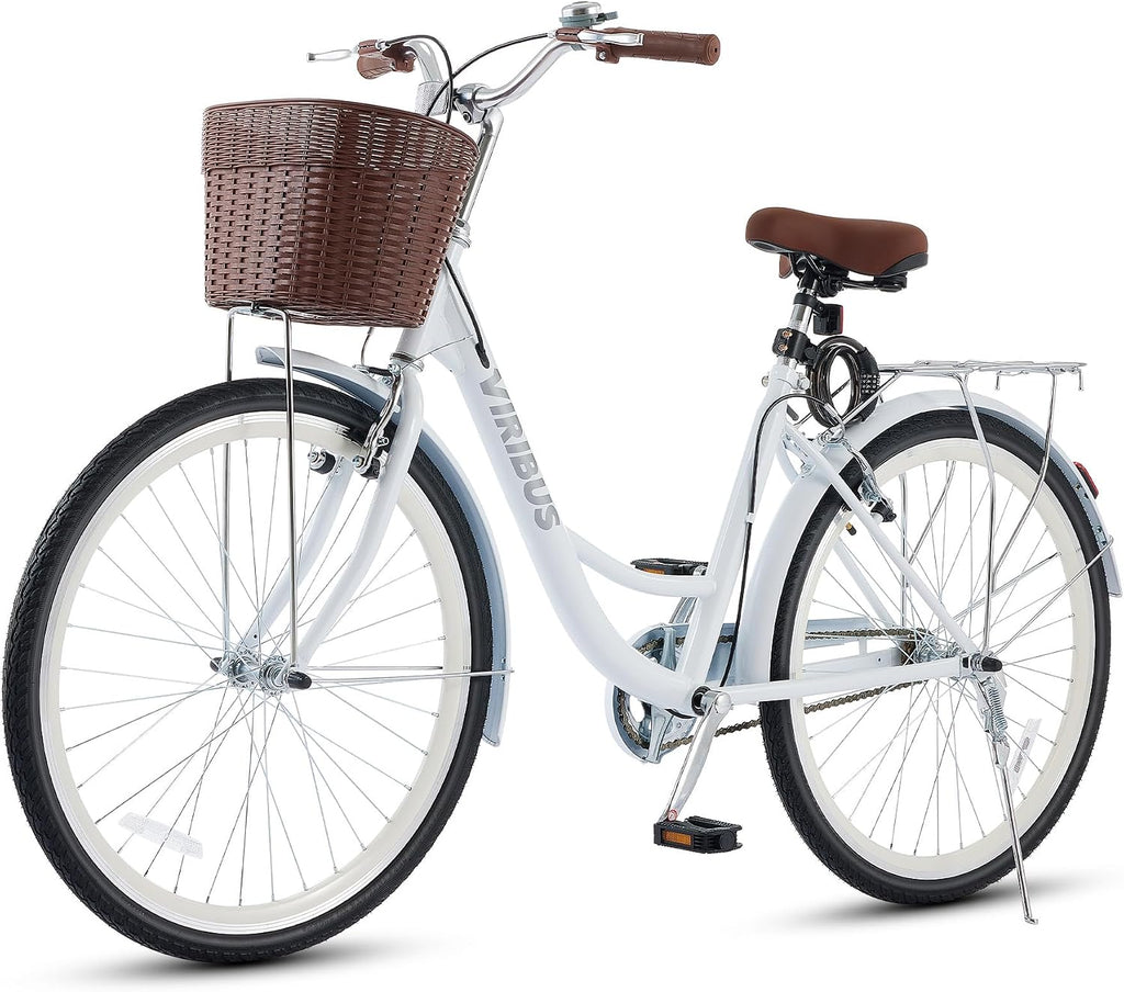 VIRIBUS Beach Cruiser Bike for Women, Single Speed Womens Bike with Basket & Rack 24 26 inch, Retro Step Through Cruiser Bicycle for Petite Short Women Female Ladies City Commuter, 330 lb.