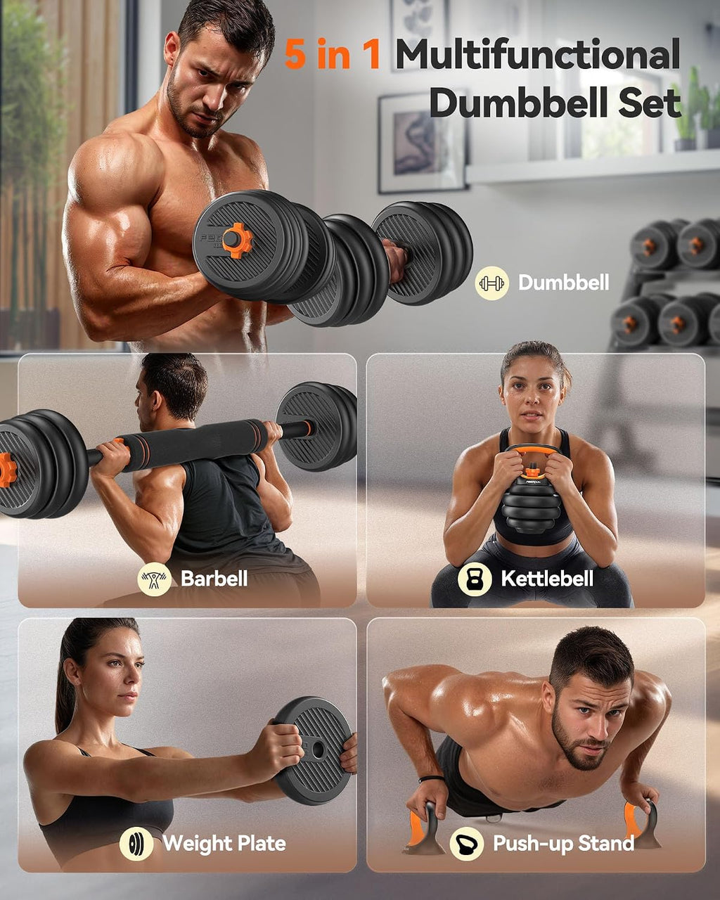 FEIERDUN DS2 Adjustable Dumbbells, 20/30/40/45/70/90lbs Free Weight Set with Connector, 5 in1 Dumbbells Set Used as Barbell, Kettlebells, Push up Stand, Weight Plate, Fitness Exercises for Home Gym Suitable Men/Women