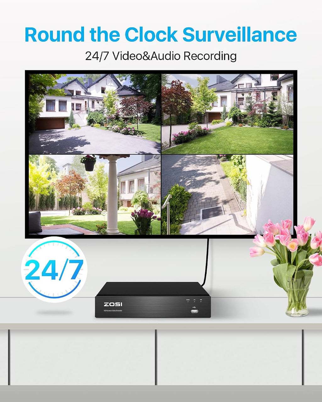 ZOSI 8CH 4K Spotlight PoE Security Camera System, 8pcs 8MP Outdoor Indoor Metal Cameras, Person/Vehicle Detection, 2 Way Audio, Color Night Vision, 8Channel NVR with 2TB HDD for Home 24/7 Recording