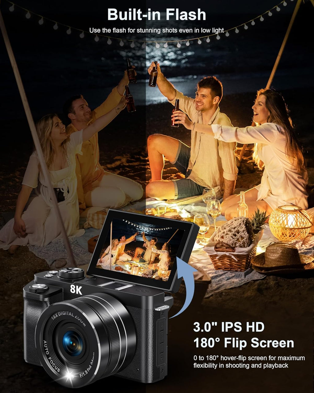 8K Digital Camera, 88MP Cameras for Photography, Vlogging Camera for YouTube with 3' 180° Flip Screen, 18X Zoom UHD Autofocus Video Camara with Lens Hood, 64GB Card