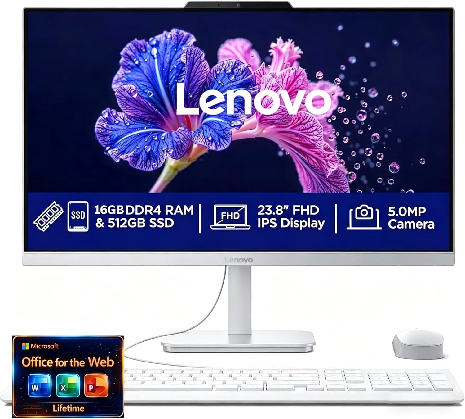 Lenovo 24' FHD All-in-One Desktop Computer - 16GB RAM - 512GB SSD - Intel 13th 8 Cores i3 CPU (Beat 11th i5) - Keyboard and Mouse - Windows 11 - Office 365 for The Web