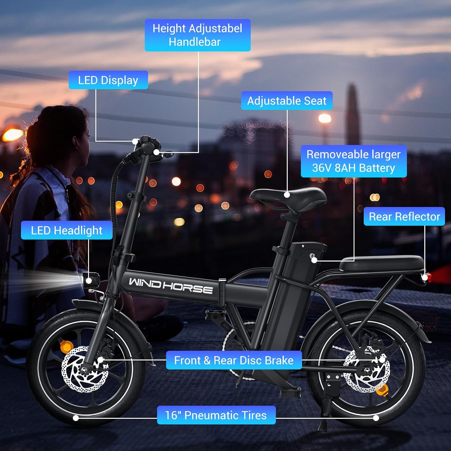 SEHOMY 2-Seat Electric Bike for Adults 630W Peak Motor, 25MPH Folding Ebike, 16' Adults Electric Bicycles with 30° Uphill, 288WH Removable Battery, 35 Miles Long Range, Commuter E Bikes Teens 14+