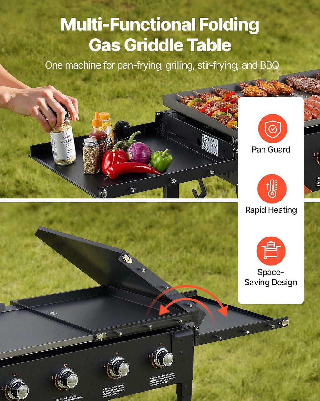 VEVOR Gas Griddle, 4-Burner Flat Top Grill, 36 inch Grill Plate Foldable Propane Griddle with Wheels, 60000 BTU Outdoor Flat Top Grills for Pan-Frying, Grilling, Stir-Frying, & BBQ, Pulse Ignition