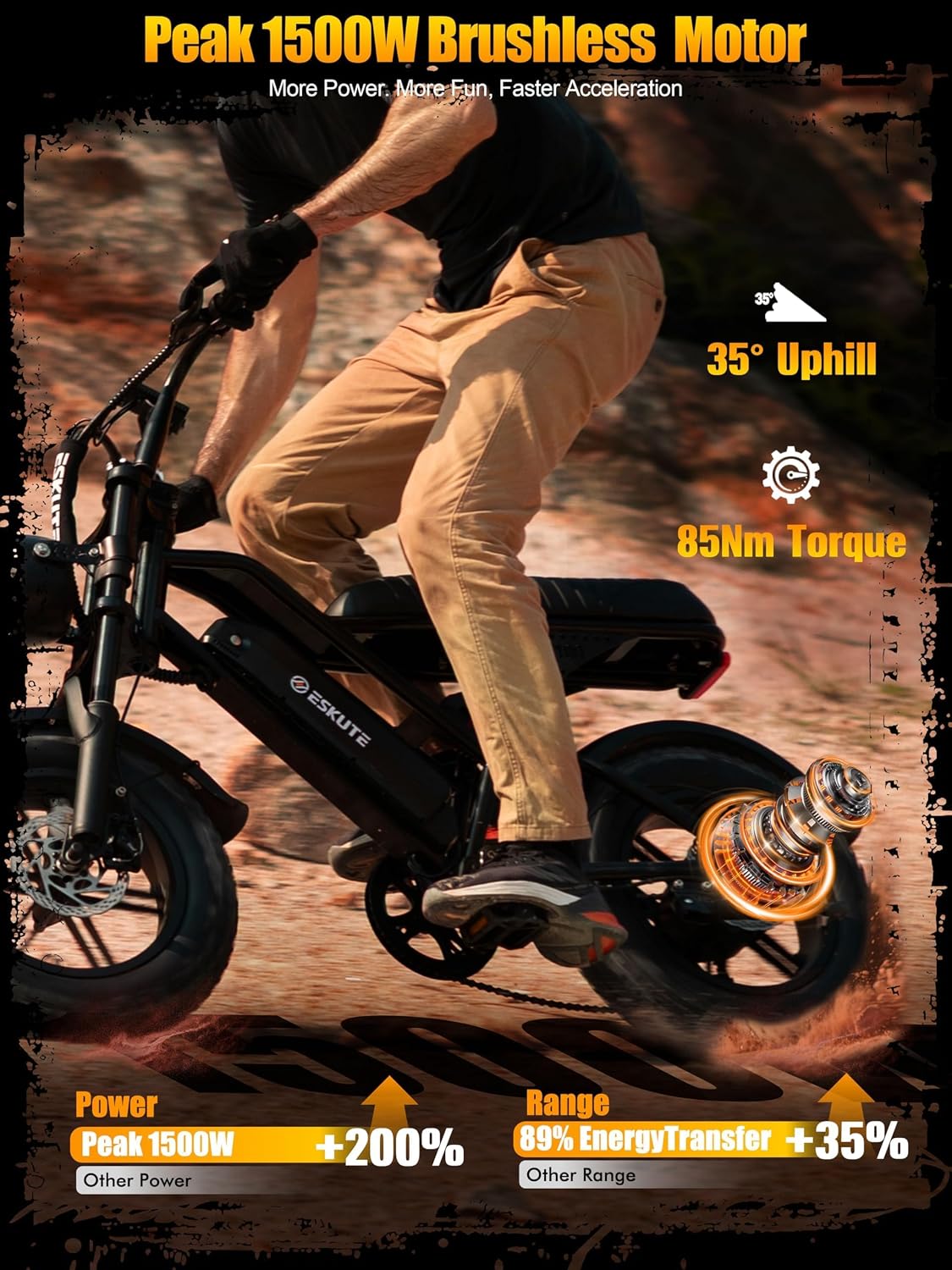 ESKUTE V100 Electric Bike for Adults, Electric Dirt Bike 1500W Peak Motor, All Terrain Dual Suspension E Bike 28MPH Top Speed, Ebike Up to 60 Miles Range, 16' Fat Tire, 48V13Ah Battery, 7-Speed