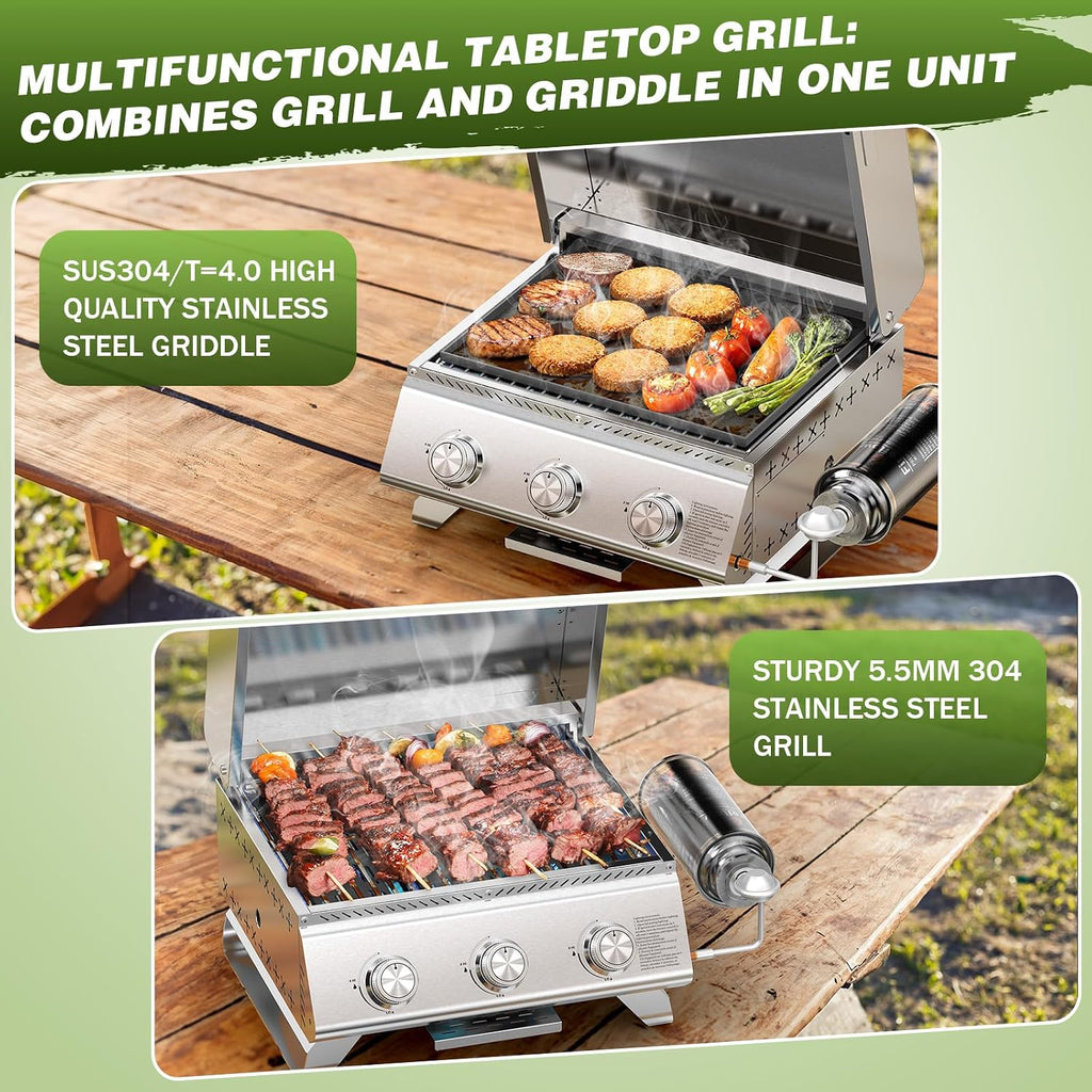 COWSAR Portable 3-Burner Table Top Gas Grill with Griddle, Stainless Steel BBQ Propane Grill, Flat Top Grill with Lid for Outdoor Cooking Camping or Tailgating, 24,000 BTU