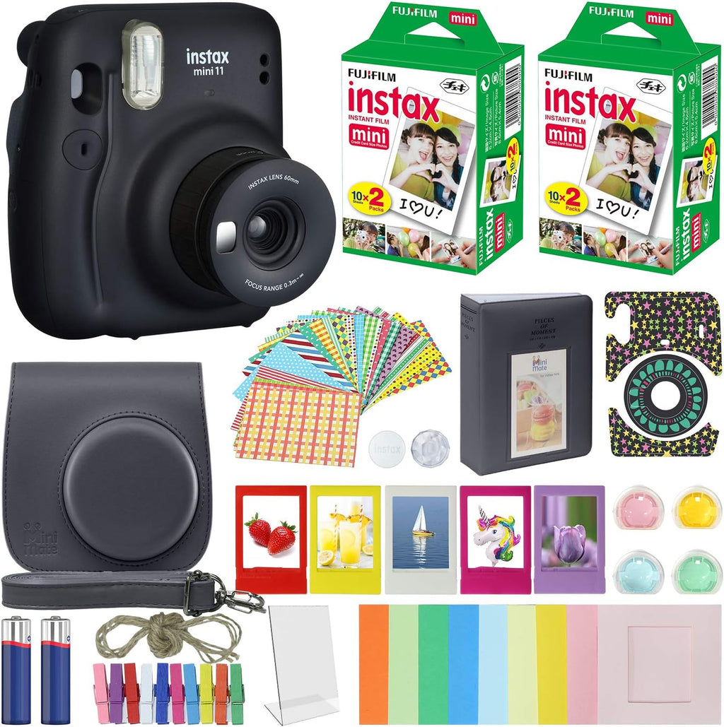 Fujifilm Instax Mini 11 Instant Camera Charcoal Gray + MiniMate Accessories Bundle + Fuji Instax Film Value Pack (40 Sheets) Accessories Bundle, Color Filters , Album, Frames