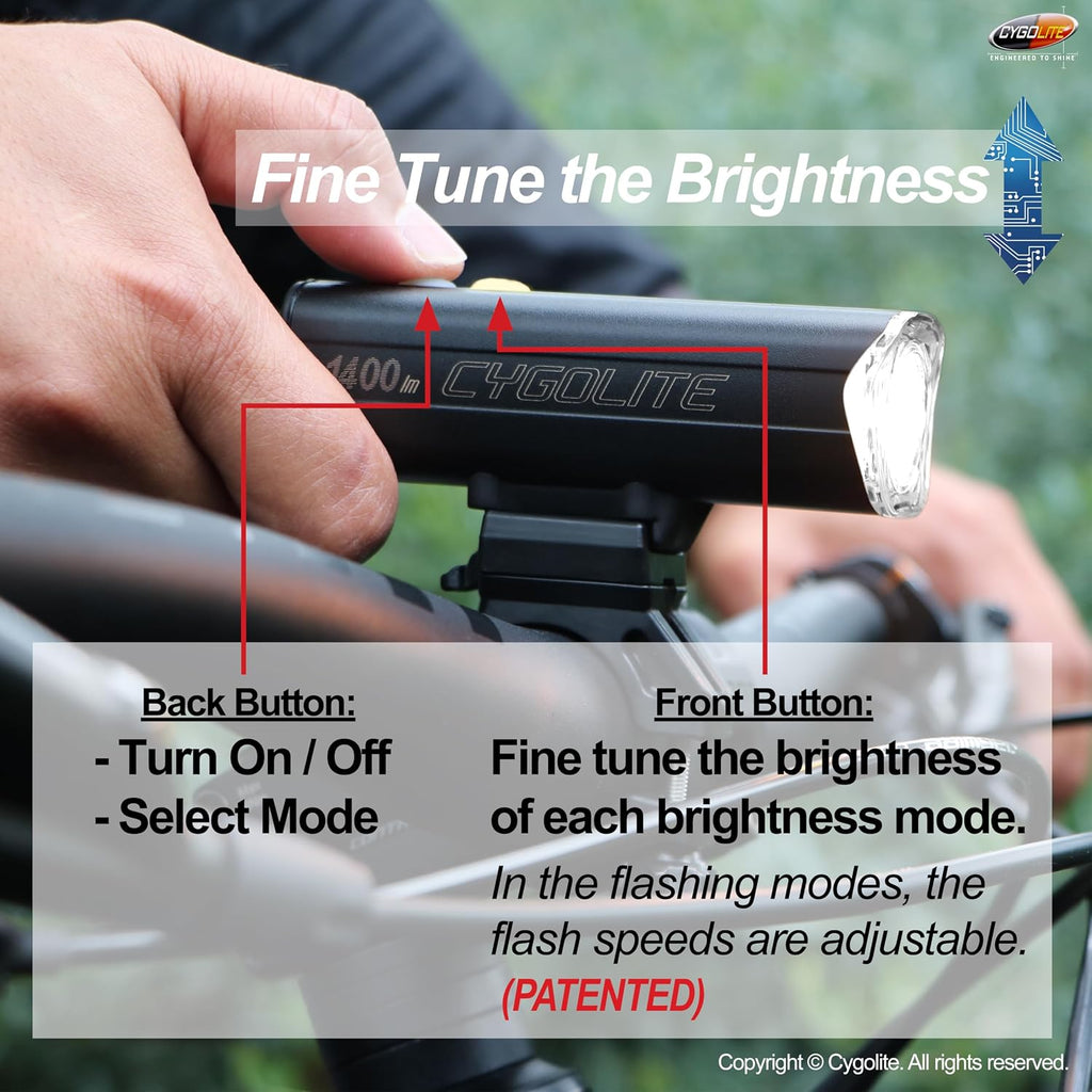 Cygolite Velocity 1600, 1200, 1000, 800 Lumen USB-C Bike Lights – Anodized Aluminum Alloy – 9 Light Modes – Fine Tunable Brightness - Compact, IP67 Waterproof – Hard Mount – Road & Mountain