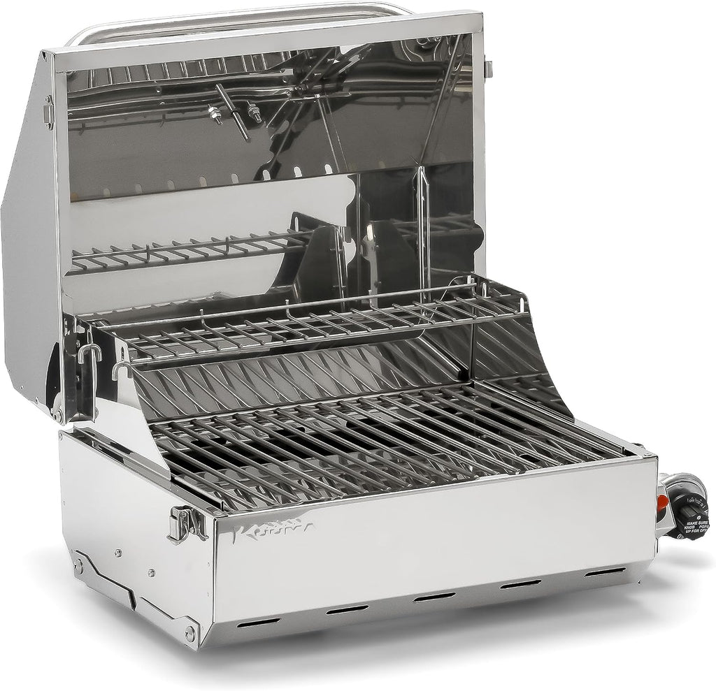 Camco Kuuma Stow N'Go 216 Elite Propane Grill | Features Built-In Thermometer & Push-Button Igniter | Includes Fold Away Legs & Removable Warming Rack | Use as Camping Stove and More (58155)