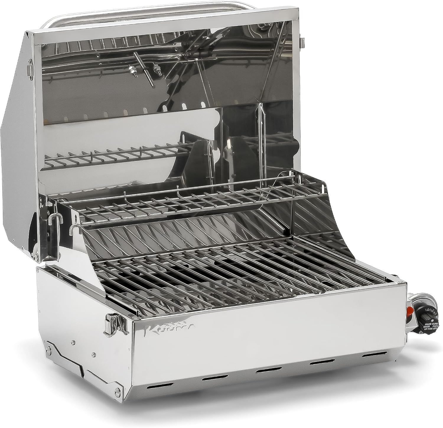 Camco Kuuma Stow N'Go 216 Elite Propane Grill | Features Built-In Thermometer & Push-Button Igniter | Includes Fold Away Legs & Removable Warming Rack | Use as Camping Stove and More (58155)