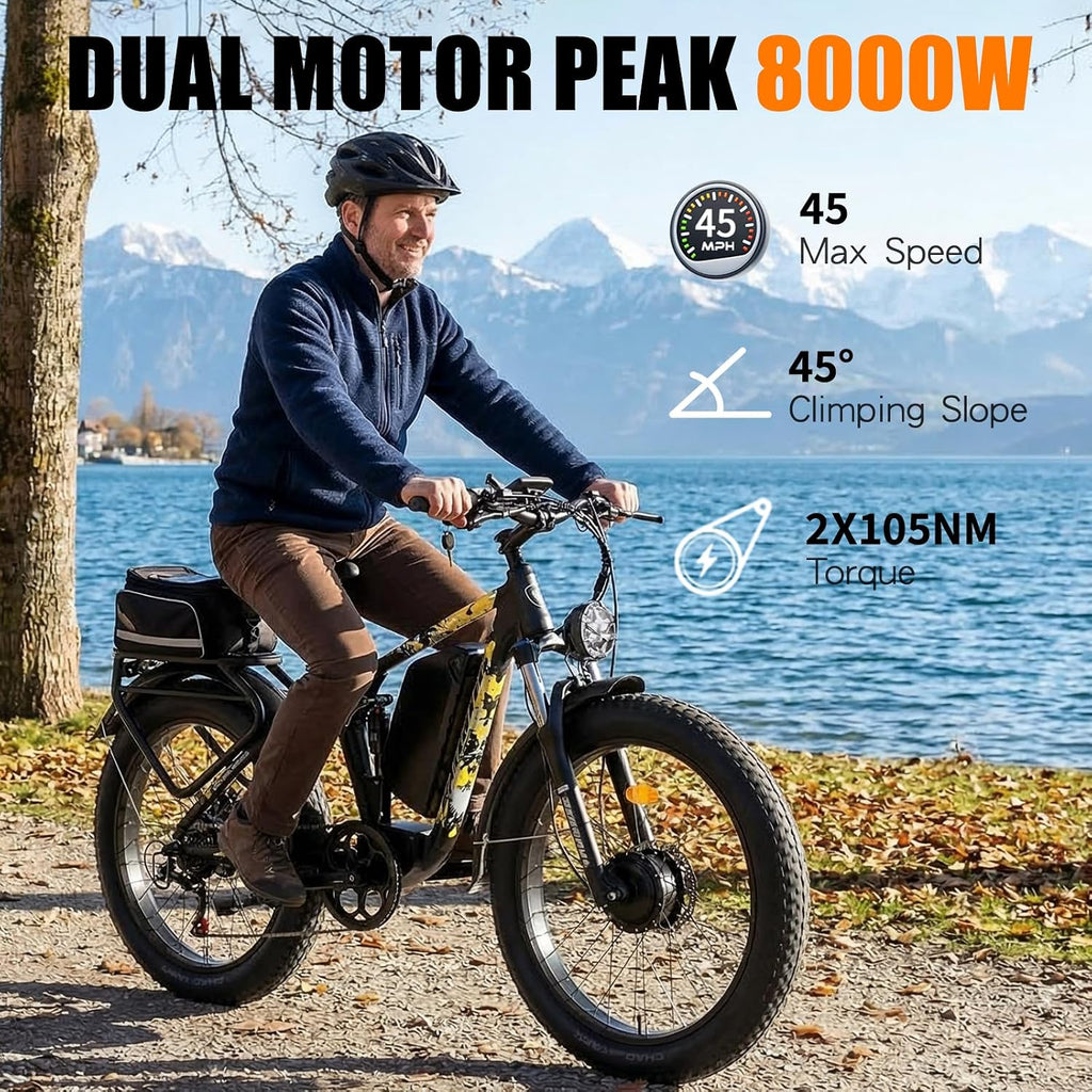 Peak 8000w Electric Bike for Adults, 60V Battery Ebike, Fat Tire & Long Range Electric Bicycles, 210Nm Mountain Bike Full Suspension, Hydraulic Brake Electric Bicycle