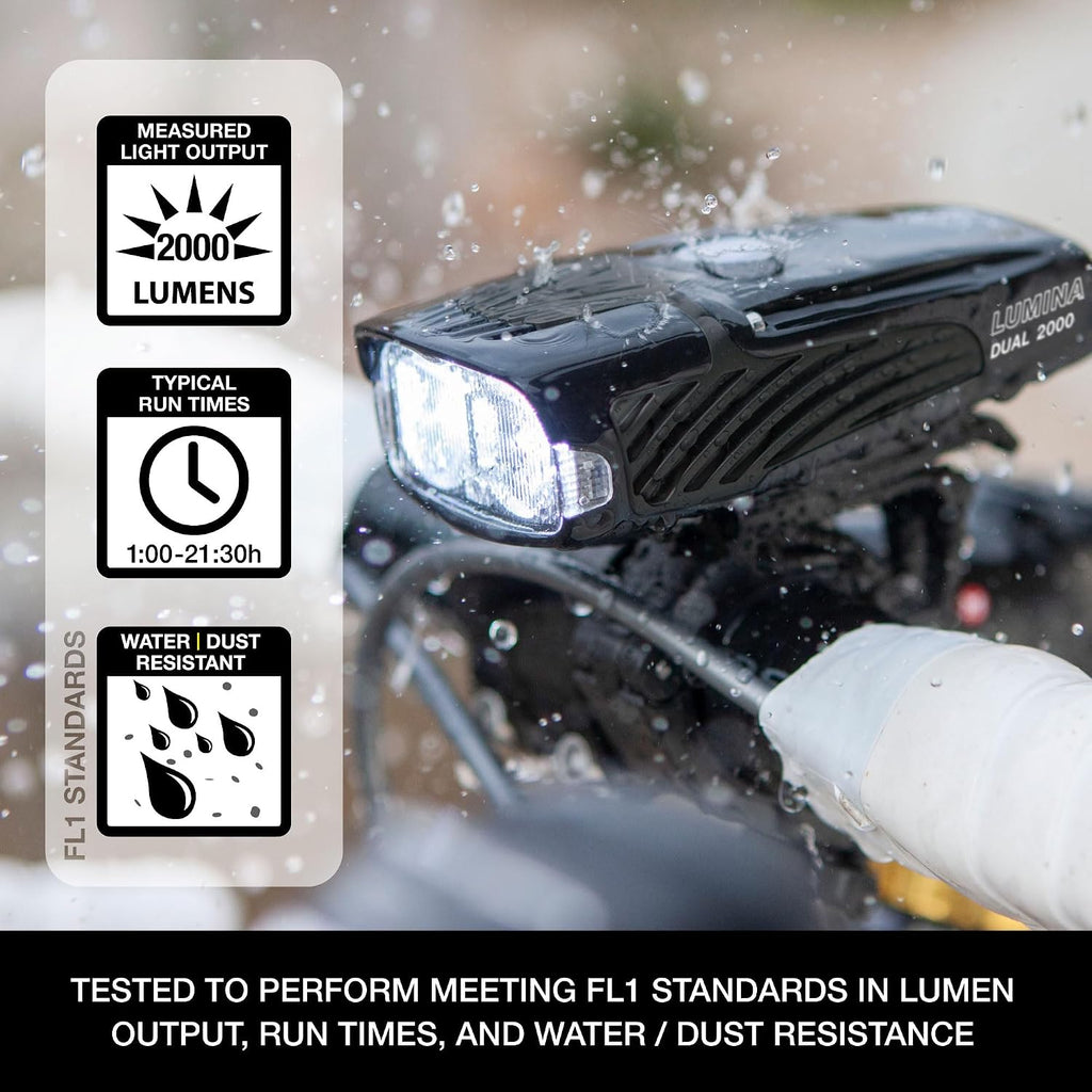 NiteRider Lumina Dual 2000 Lumen USB-C Rechargeable Dual LED Front Bike Light - 7 Modes Powerful Lumens IP64 Waterproof Bike Headlight Easy Mount Single Button Control MTB, Trail, Enduro, Road Cycling