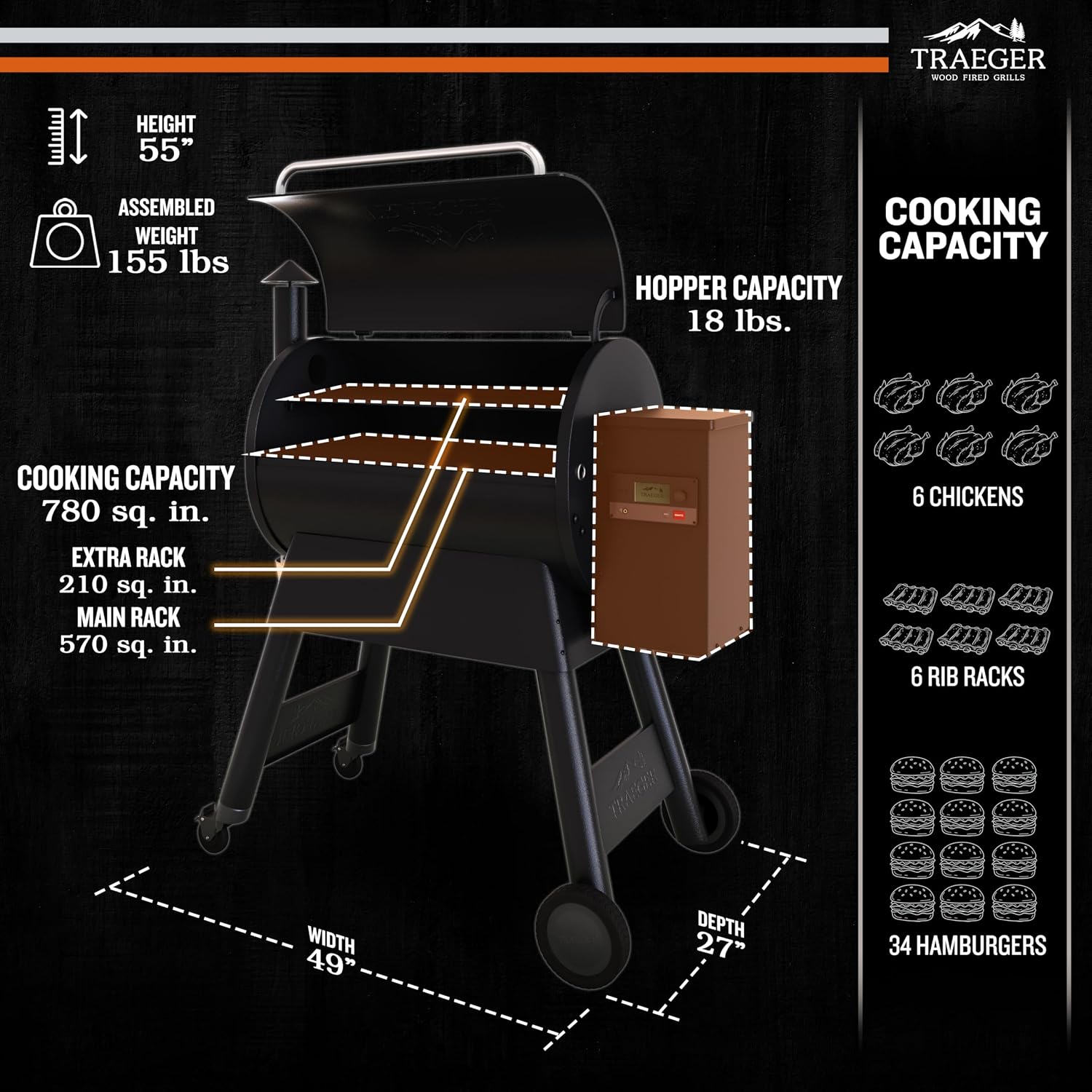 Traeger Grills Pro 780 Wood Pellet Smoker Grill, 6-in-1 BBQ Pellet Grill Combo, WiFi and App-Connected Electric Smoker, 780 Square Inches of Grilling Area, Temperature Control, Black Finish