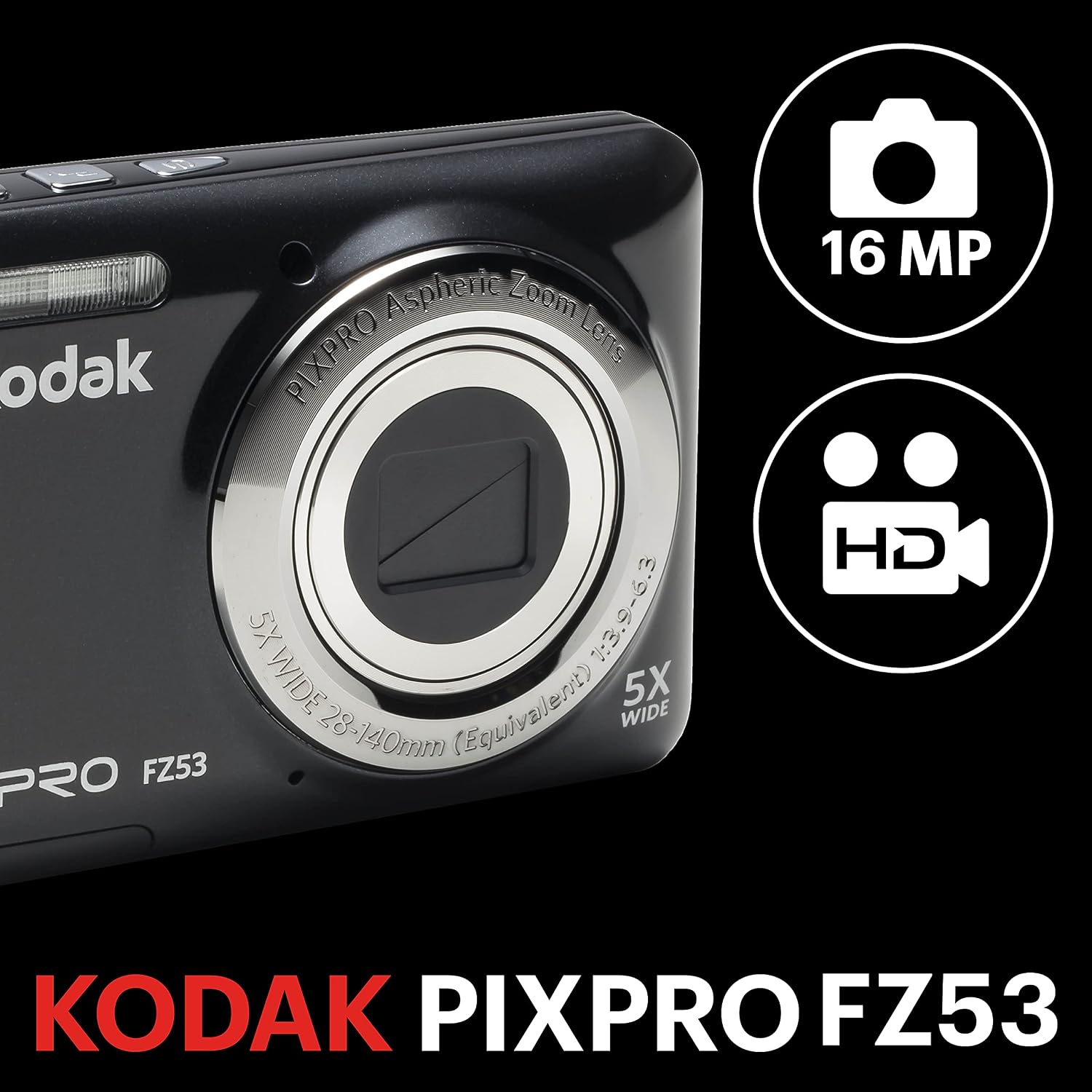 Kodak PIXPRO Friendly Zoom FZ53-BK 16MP Digital Camera with 5X Optical Zoom and 2.7' LCD Screen (Black)