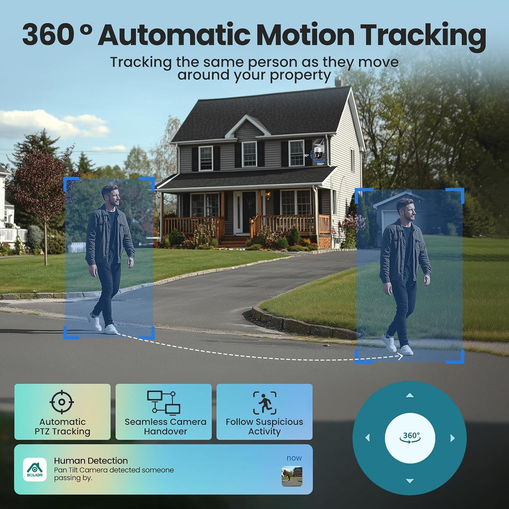 SOLIOM Security Cameras Wireless Outdoor,4K Ultra HD for Day and Night, No Subscription,Built in Radar,Solar Powered Cameras for Home Security, 360° Pan Tilt Auto Tracking,5G & 2.4G WiFi, 4-Cam Kit