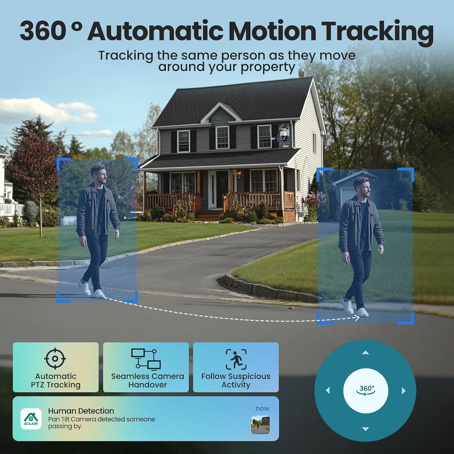 SOLIOM Security Cameras Wireless Outdoor,4K Ultra HD for Day and Night, No Subscription,Built in Radar,Solar Powered Cameras for Home Security, 360° Pan Tilt Auto Tracking,5G & 2.4G WiFi, 4-Cam Kit