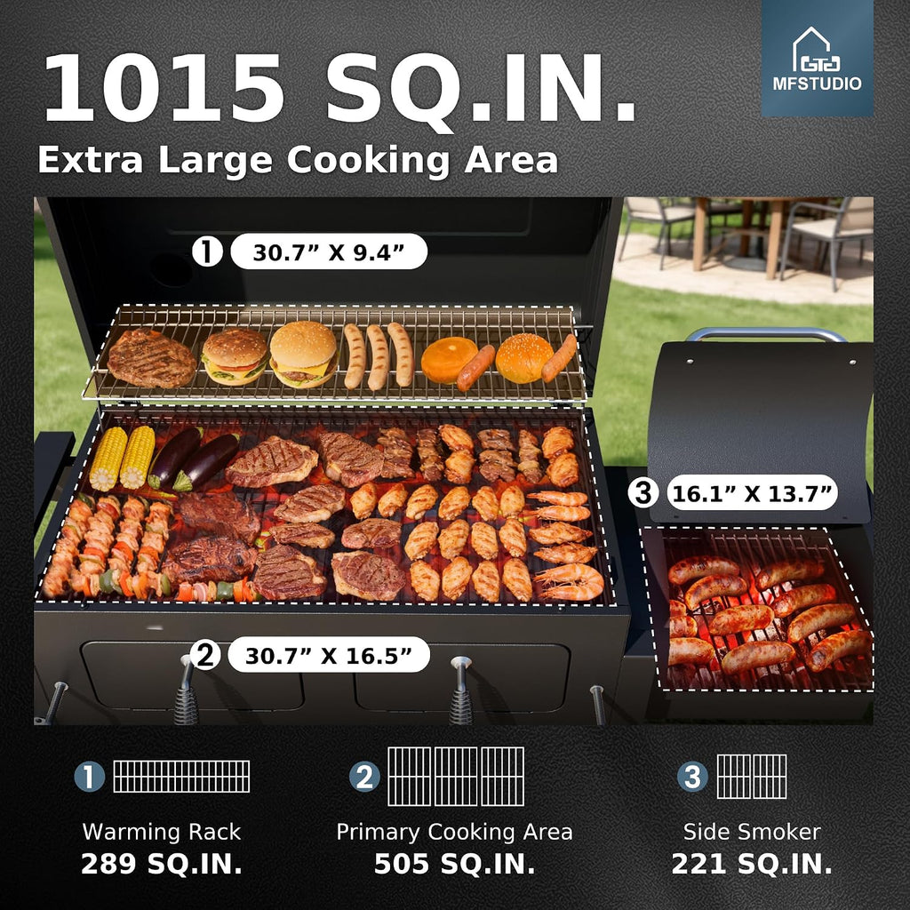 MFSTUDIO 49' 2 in 1 Charcoal Grill & Smoker Combo, Outdoor Grill with Enamel Coated Charcoal Tray, 1015 SQ.IN Cooking Area, Adjustable Top Vent and Chimney for Outdoor Grilling