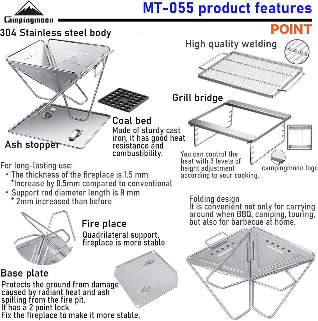Campingmoon BBQ Grill Fire Pit Foldable Stainless Steel - Extra Large MT-055