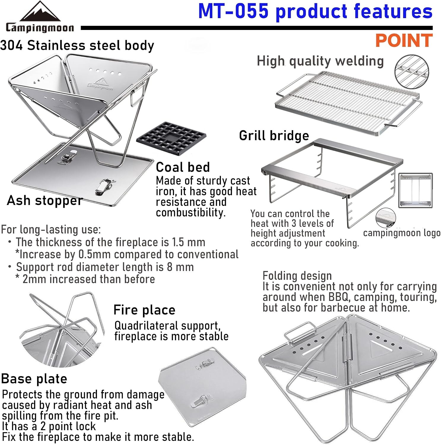 Campingmoon BBQ Grill Fire Pit Foldable Stainless Steel - Extra Large MT-055