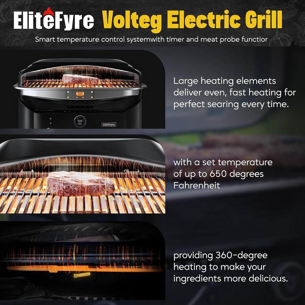 Volteq Smart Electric Grill with Cart - 1500W, 650°F, No Smoke Indoor/Outdoor BBQ, Digital Control & Meat Probe, Perfect for Apartment Balcony, Patio, Deck