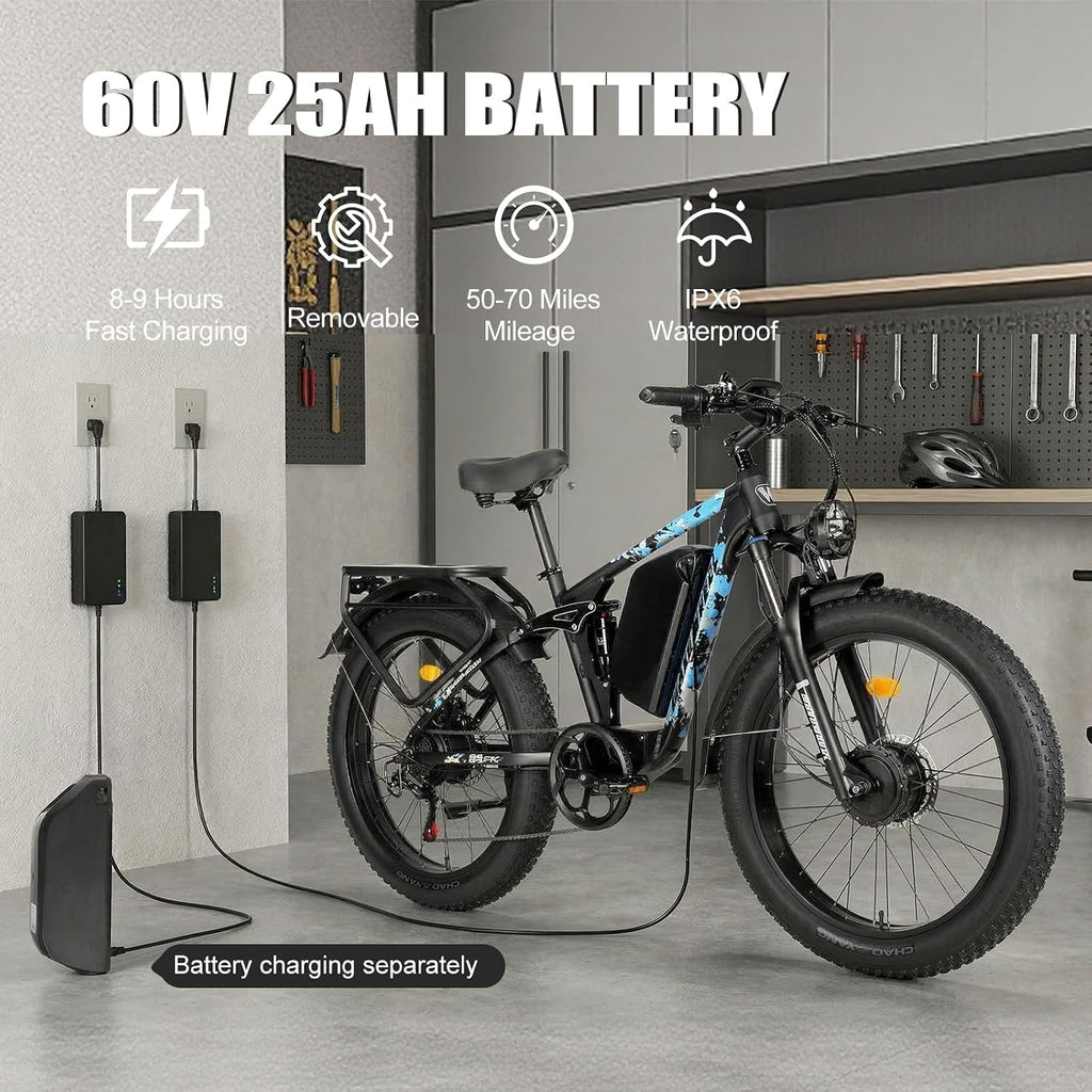 Peak 8000w Electric Bike for Adults, 60V Battery Ebike, Fat Tire & Long Range Electric Bicycles, 210Nm Mountain Bike Full Suspension, Hydraulic Brake Electric Bicycle