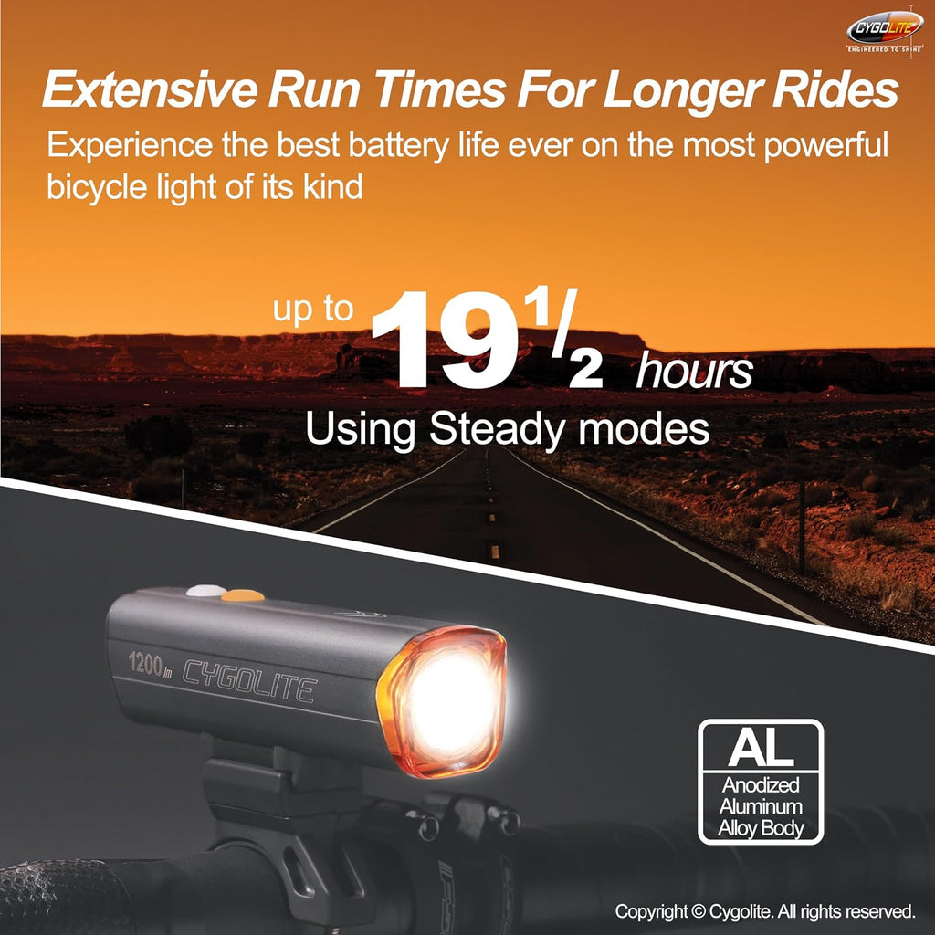 Cygolite Velocity 1600, 1200, 1000, 800 Lumen USB-C Bike Lights – Anodized Aluminum Alloy – 9 Light Modes – Fine Tunable Brightness - Compact, IP67 Waterproof – Hard Mount – Road & Mountain