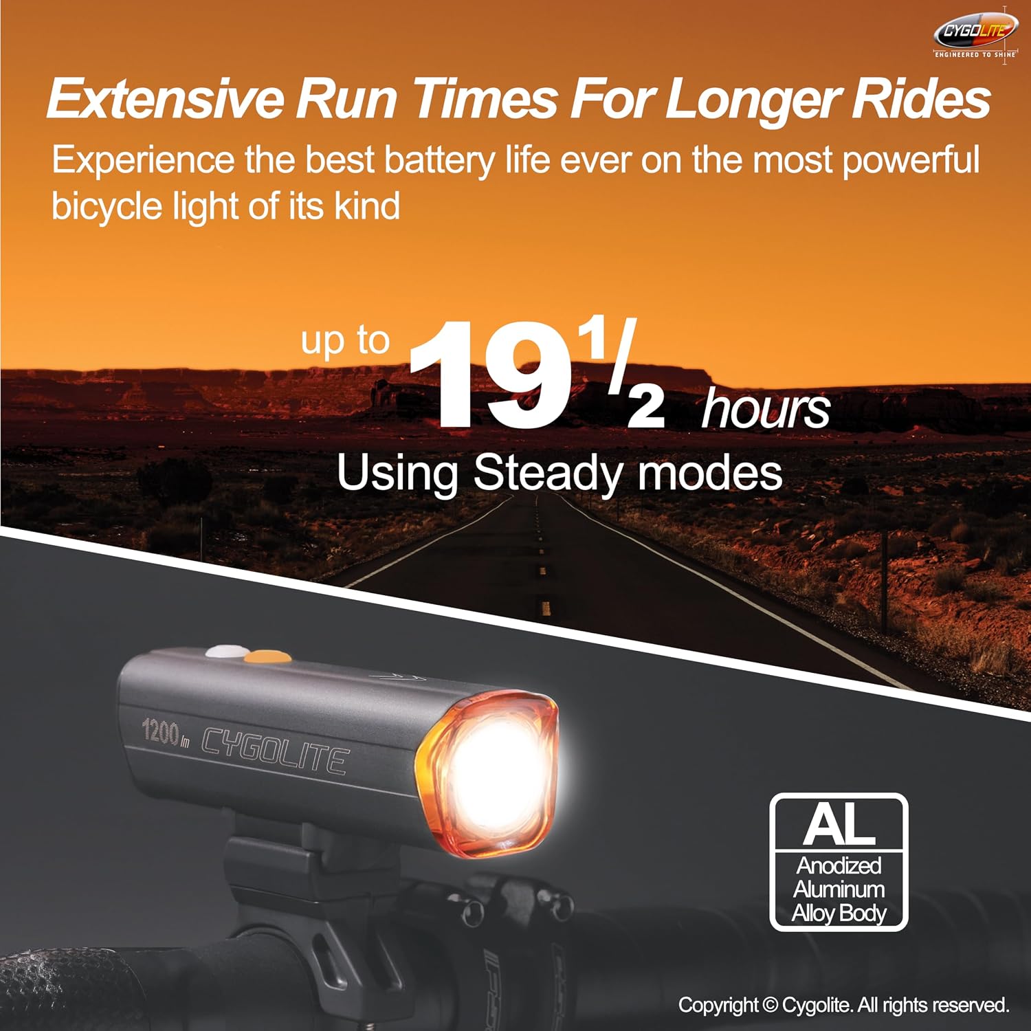 Cygolite Velocity 1600, 1200, 1000, 800 Lumen USB-C Bike Lights – Anodized Aluminum Alloy – 9 Light Modes – Fine Tunable Brightness - Compact, IP67 Waterproof – Hard Mount – Road & Mountain